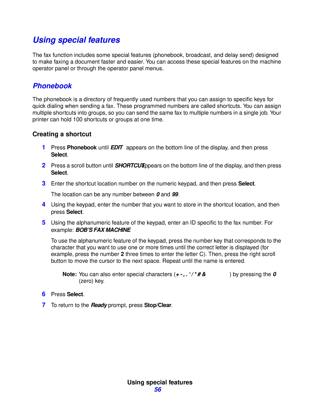 Lexmark X215 MFP manual Using special features, Phonebook, Creating a shortcut 