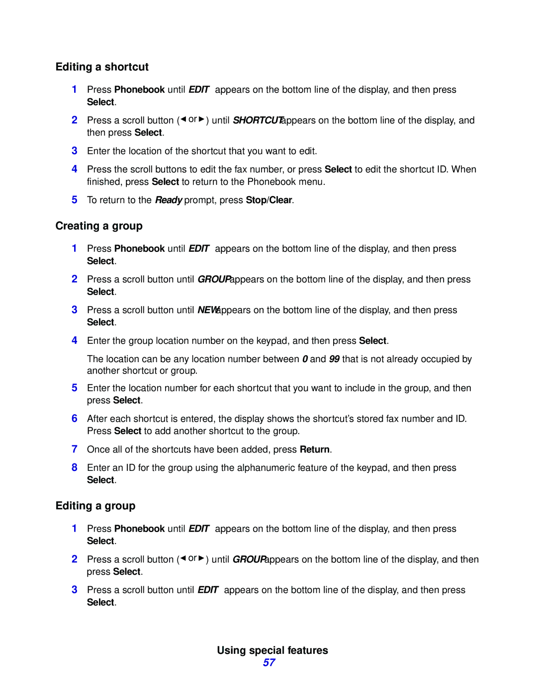 Lexmark X215 MFP manual Editing a shortcut, Creating a group, Editing a group 