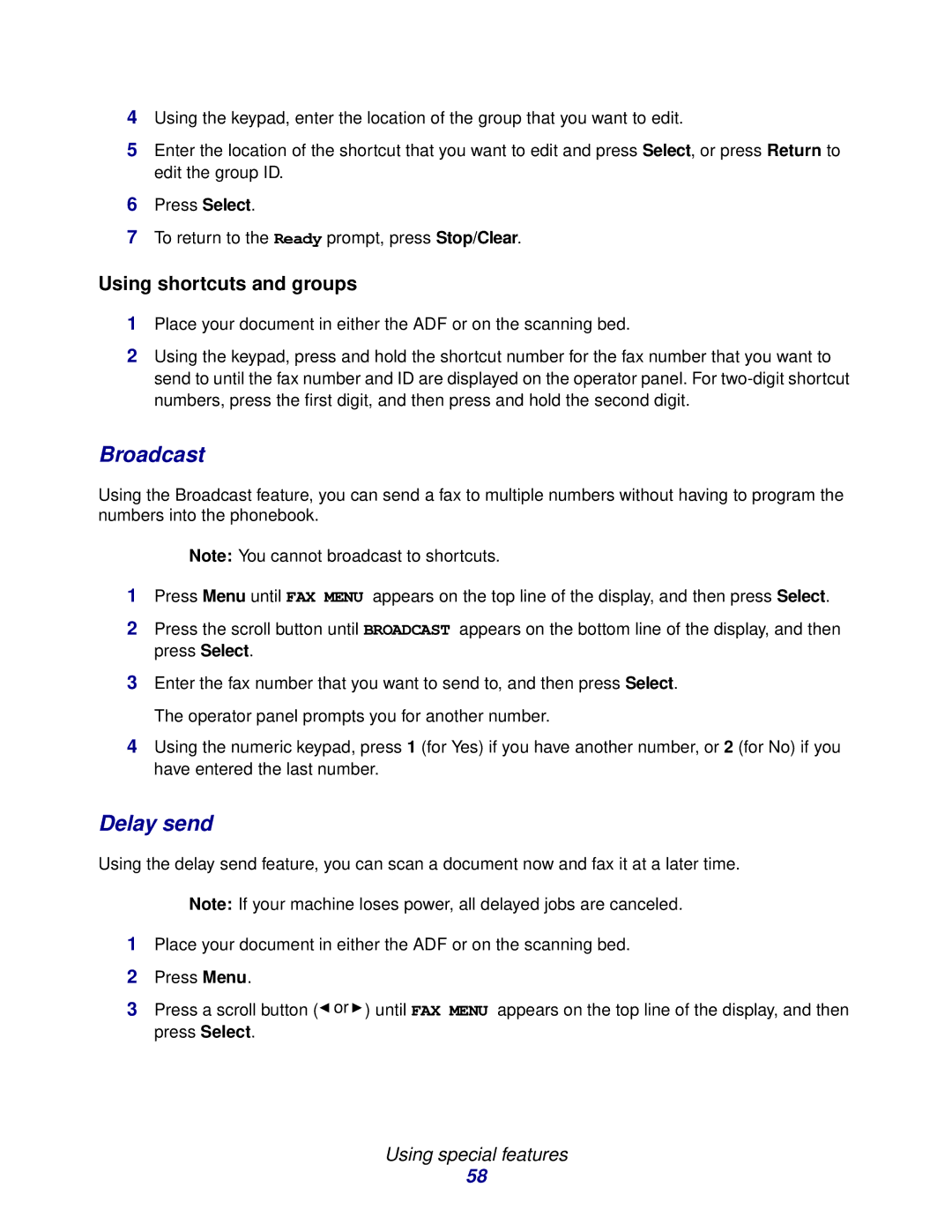 Lexmark X215 MFP manual Broadcast, Delay send, Using shortcuts and groups 