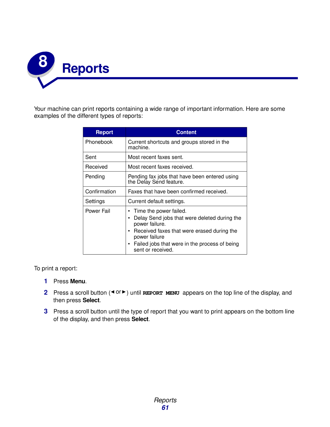 Lexmark X215 MFP manual Reports, Report Content 