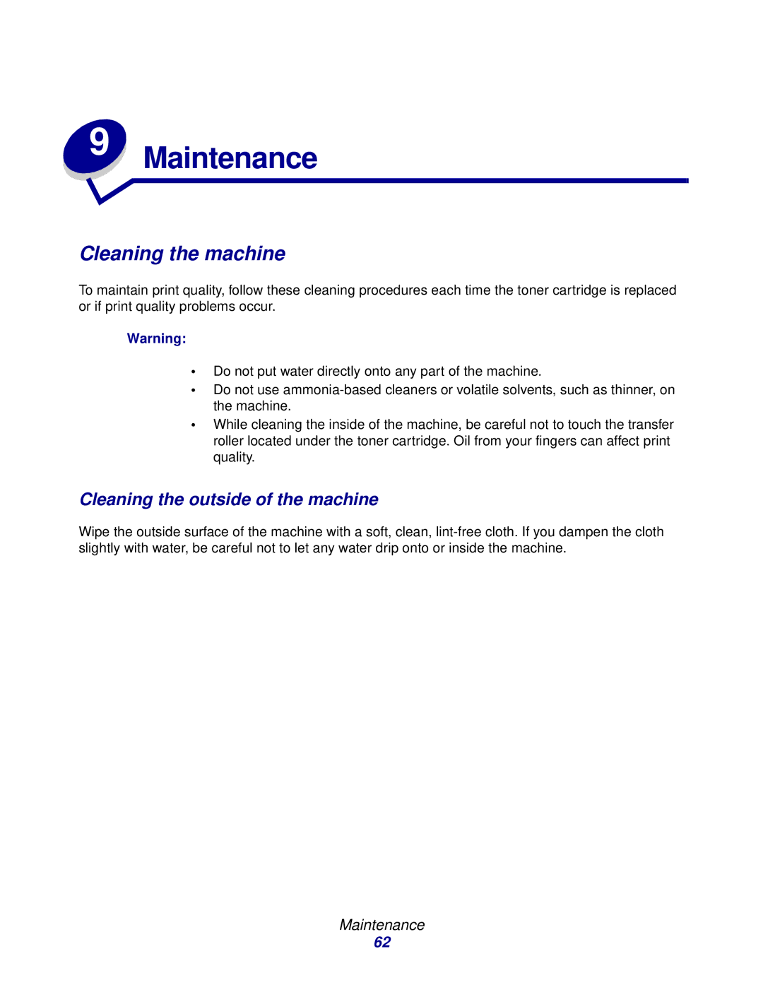 Lexmark X215 MFP manual Cleaning the machine, Cleaning the outside of the machine, Maintenance 