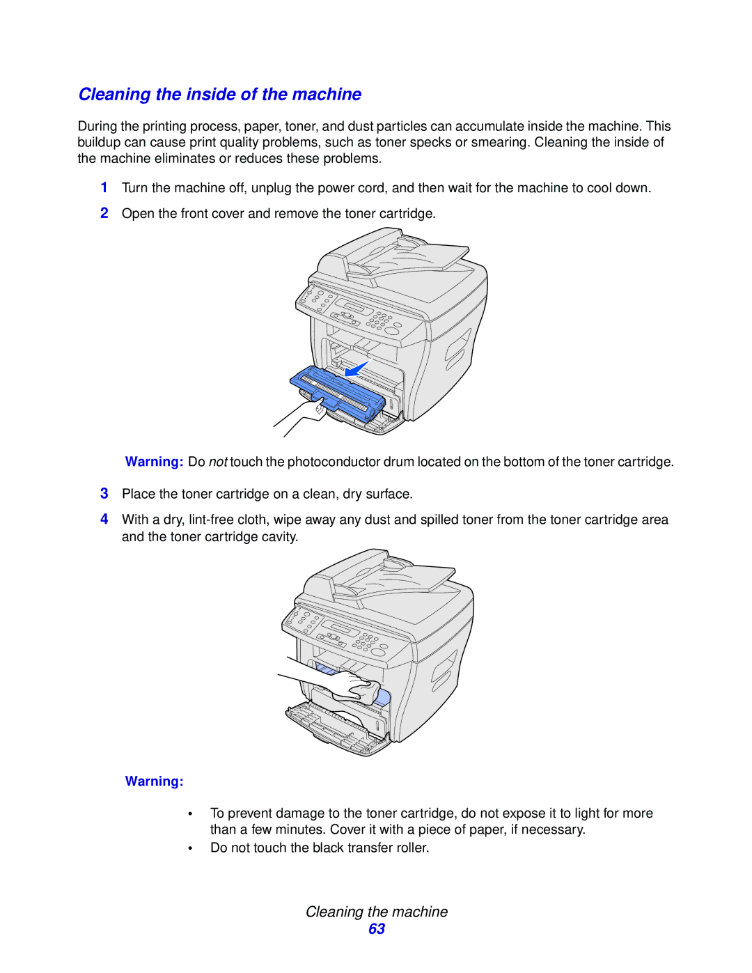 Lexmark X215 MFP manual Cleaning the inside of the machine, Cleaning the machine 