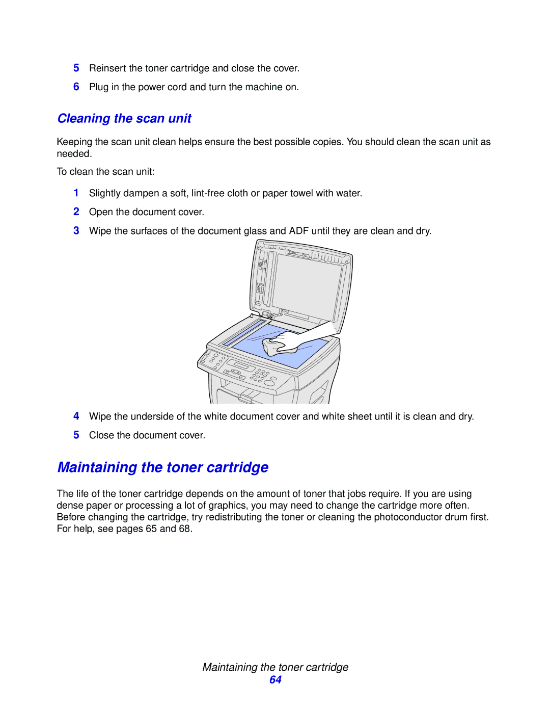 Lexmark X215 MFP manual Maintaining the toner cartridge, Cleaning the scan unit 