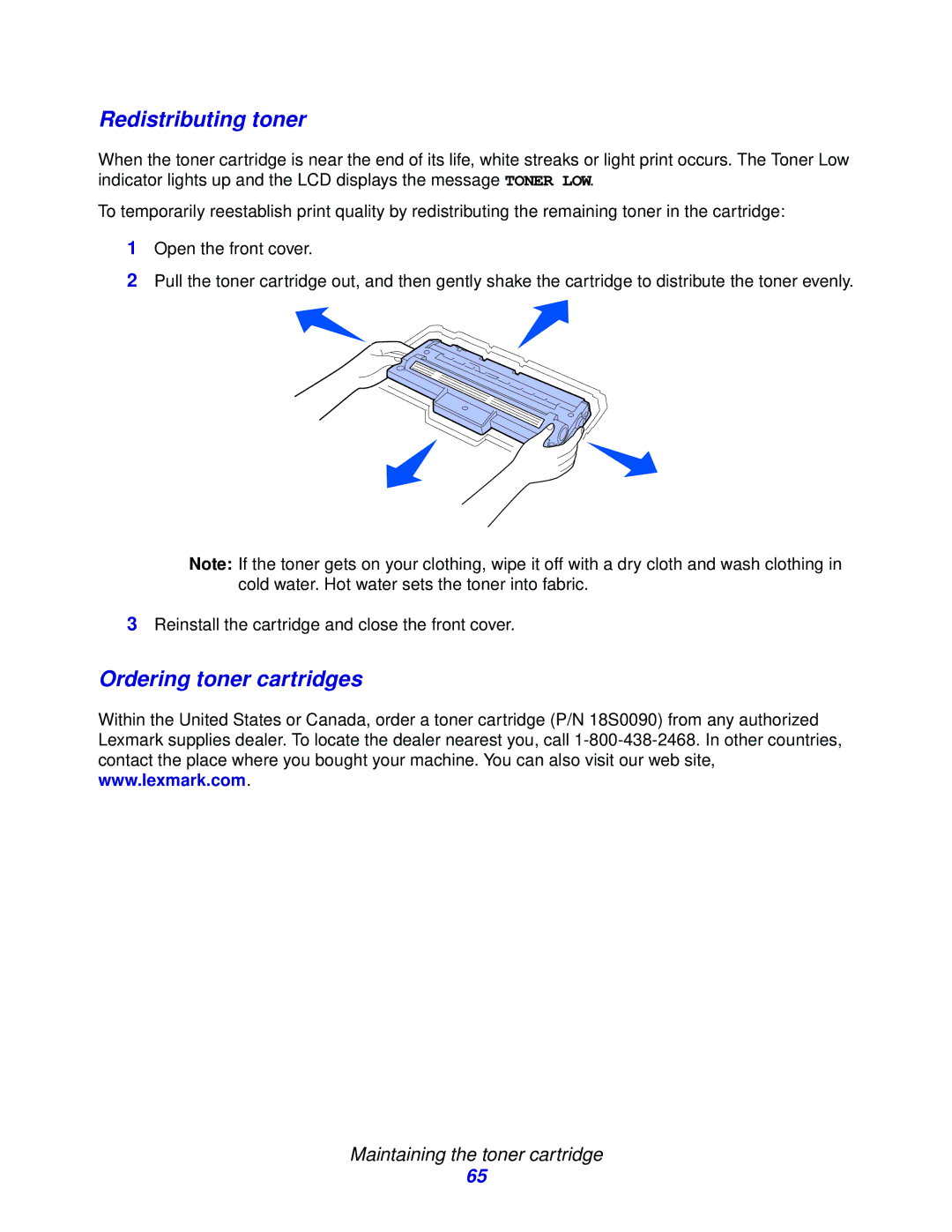 Lexmark X215 MFP manual Redistributing toner, Ordering toner cartridges 