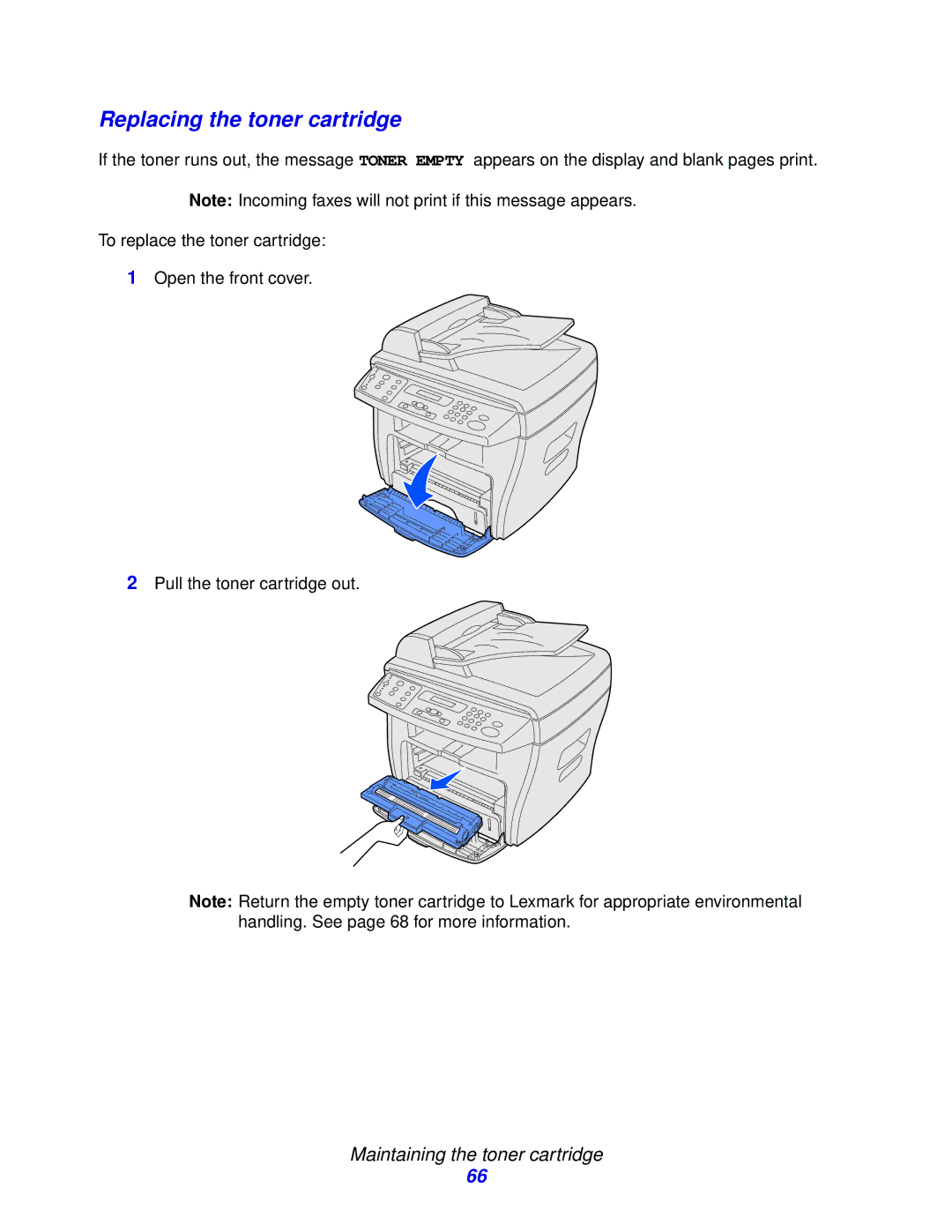 Lexmark X215 MFP manual Replacing the toner cartridge 