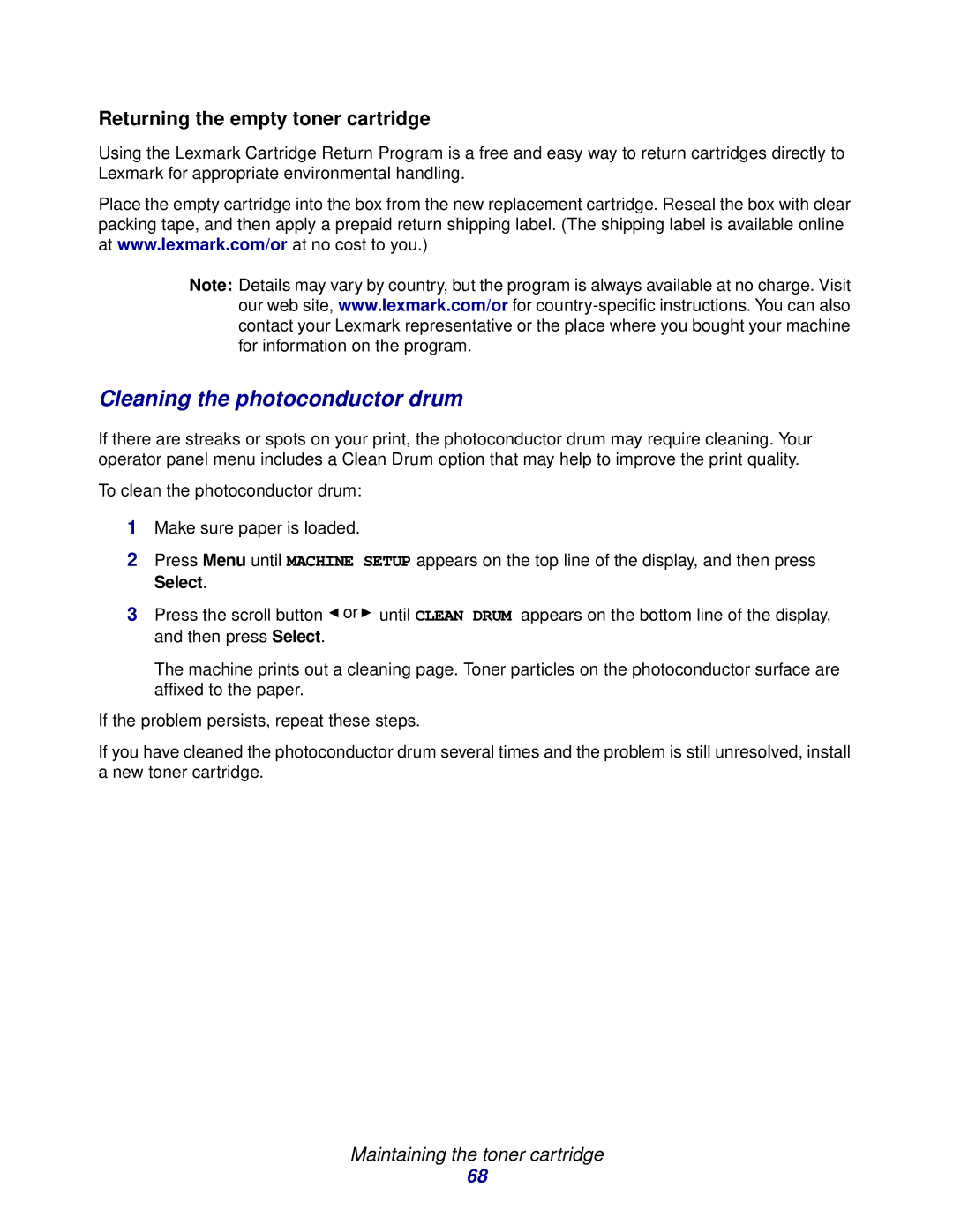 Lexmark X215 MFP manual Cleaning the photoconductor drum, Returning the empty toner cartridge 