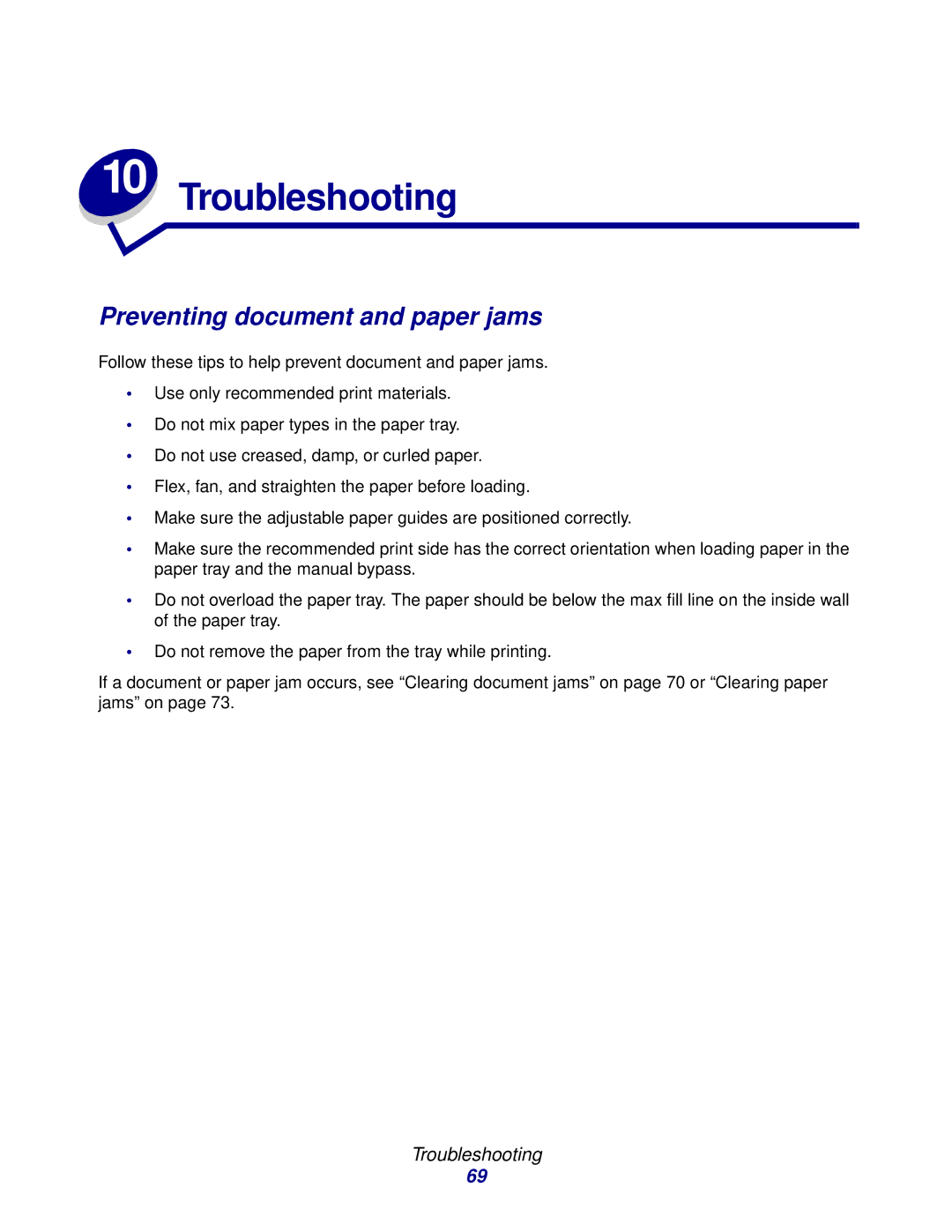 Lexmark X215 MFP manual Preventing document and paper jams, Troubleshooting 