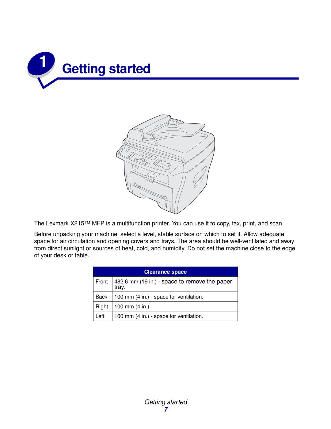 Lexmark X215 MFP manual Getting started, Clearance space 