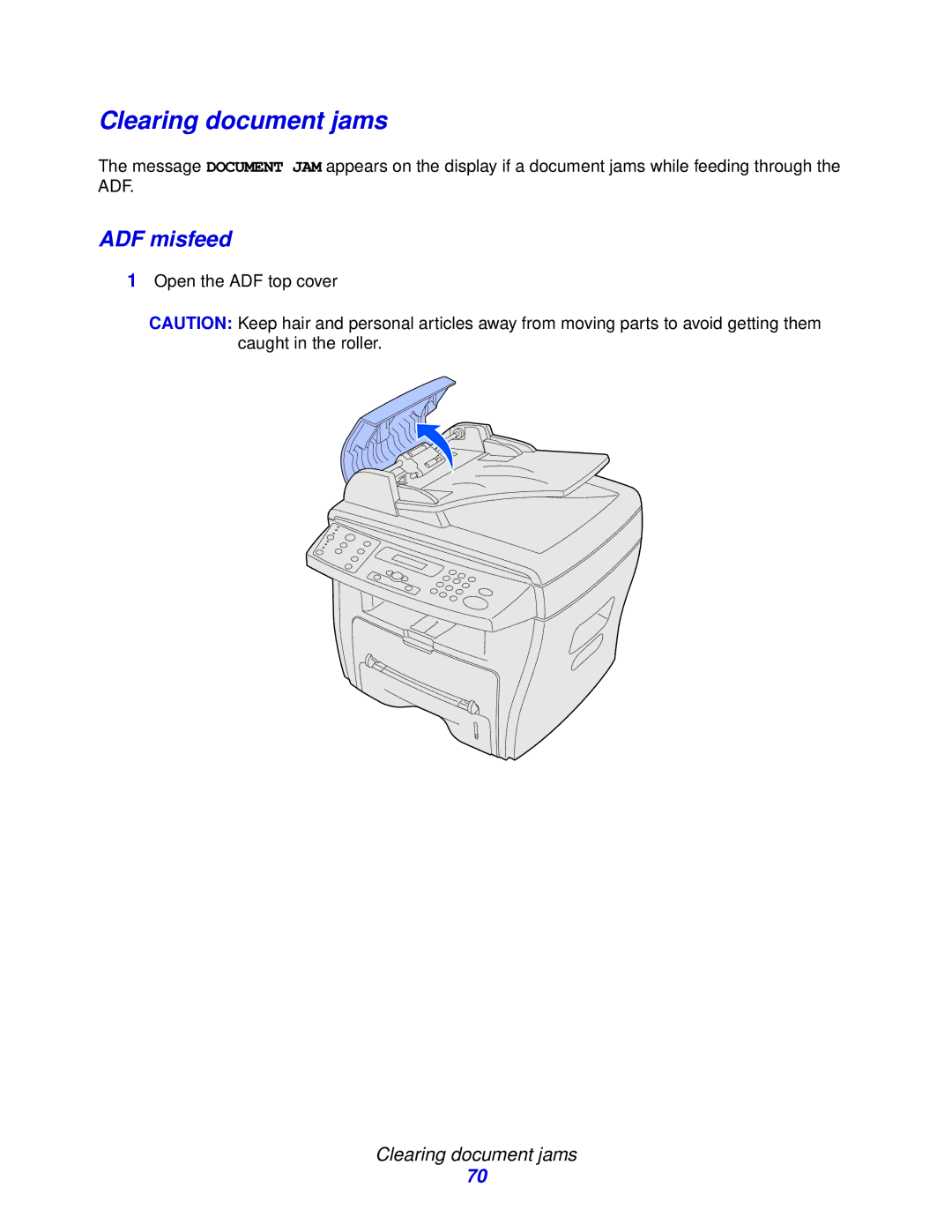 Lexmark X215 MFP manual Clearing document jams, ADF misfeed 