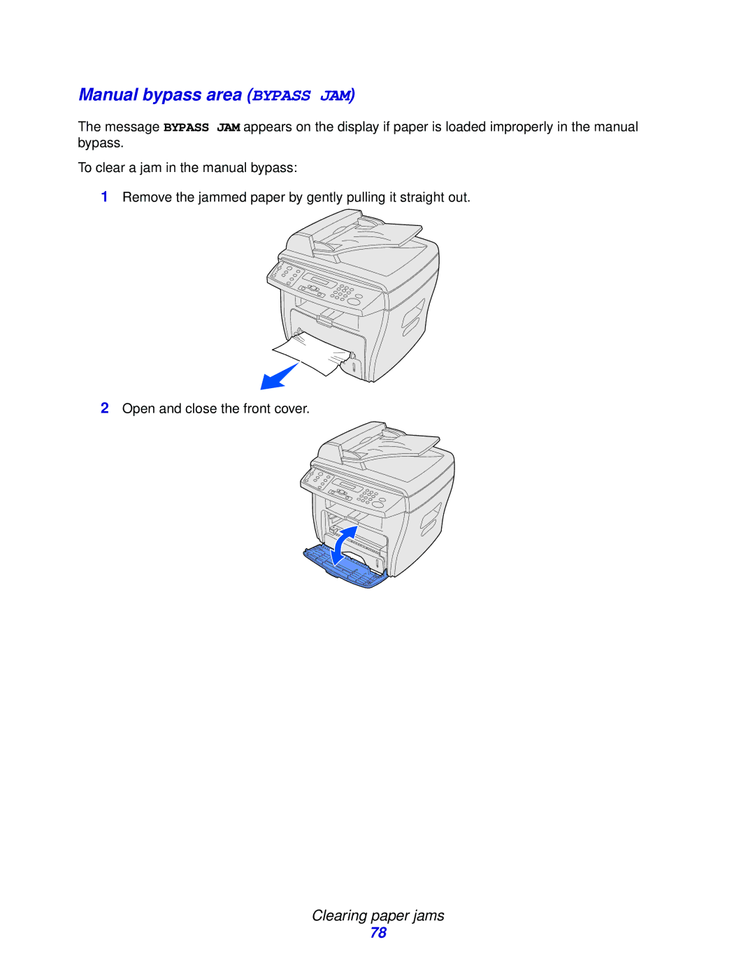 Lexmark X215 MFP manual Manual bypass area Bypass JAM 