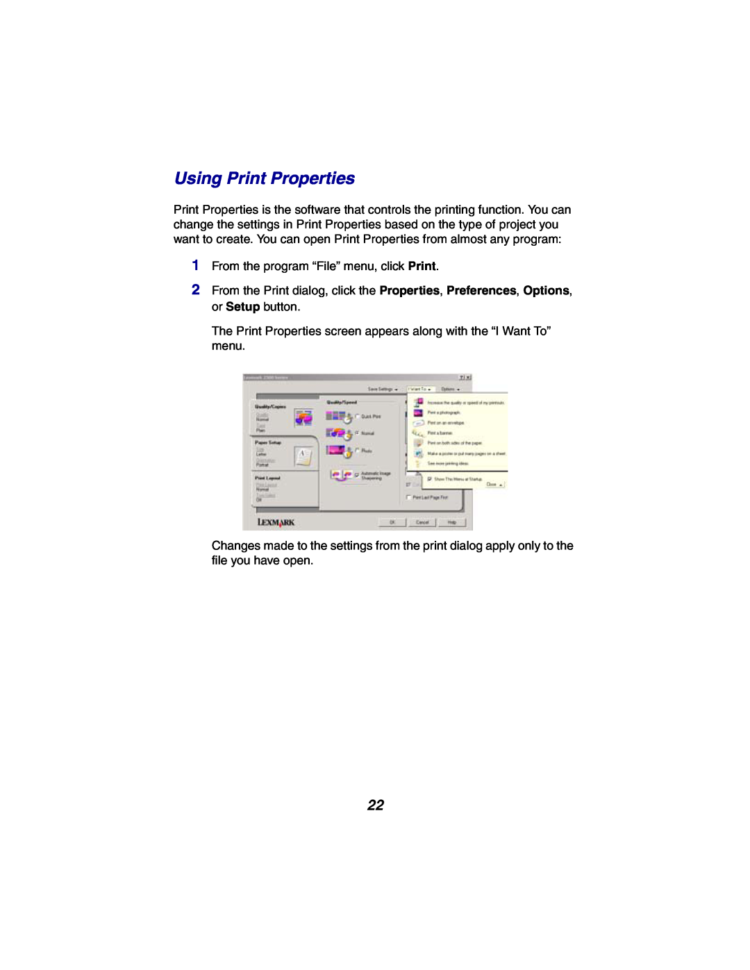 Lexmark X2300 Series manual Using Print Properties 