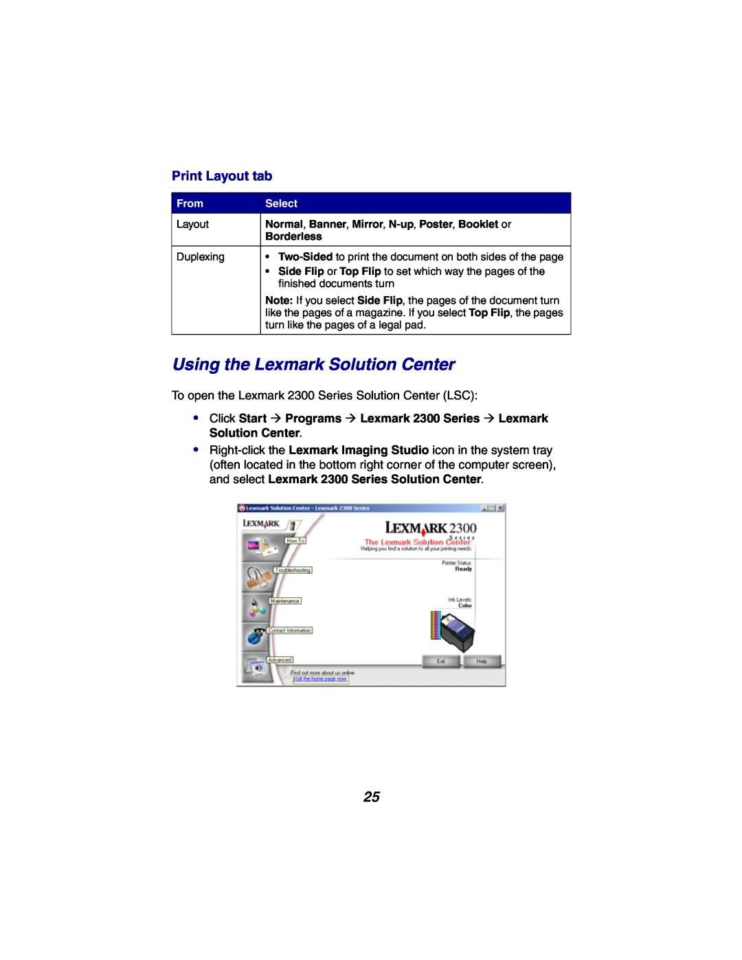Lexmark X2300 Series manual Using the Lexmark Solution Center, Print Layout tab 