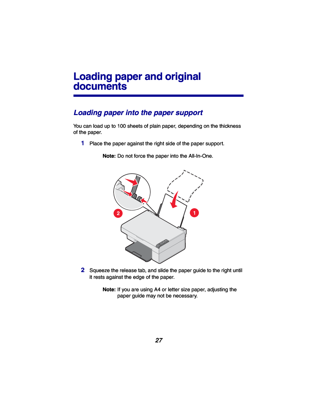 Lexmark X2300 Series manual Loading paper and original documents, Loading paper into the paper support 