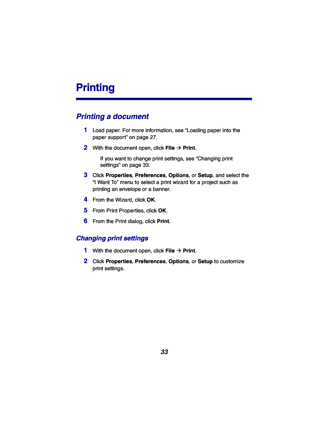 Lexmark X2300 Series manual Printing a document, Changing print settings 
