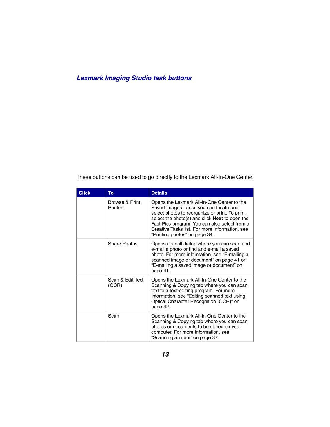 Lexmark X2300 Series manual Lexmark Imaging Studio task buttons, Click Details 