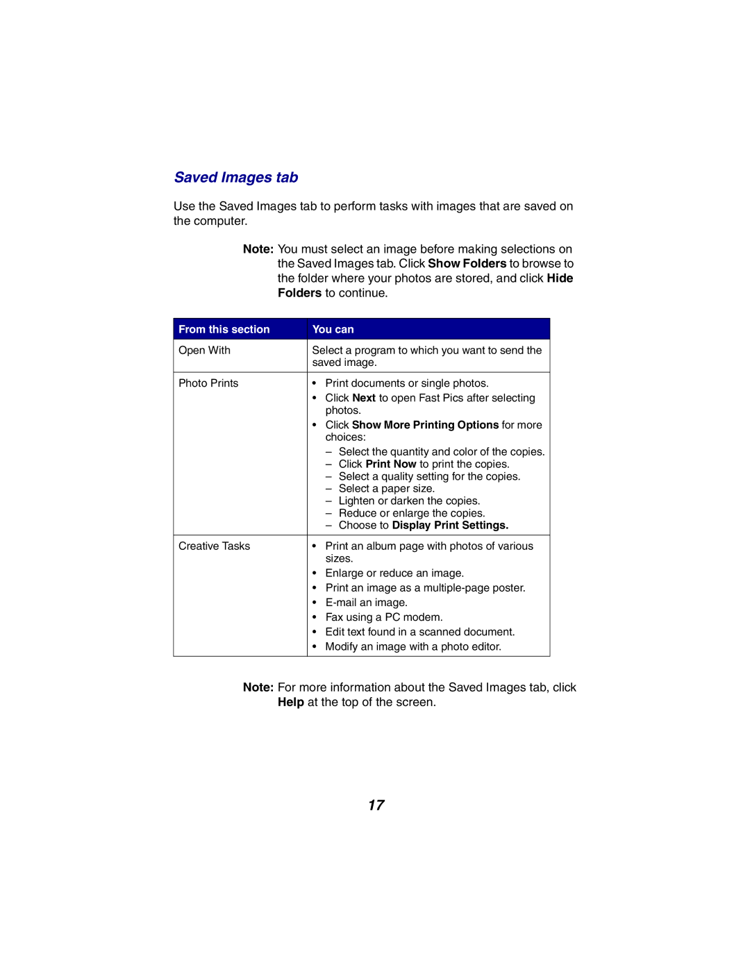 Lexmark X2300 Series manual Saved Images tab, Click Show More Printing Options for more 