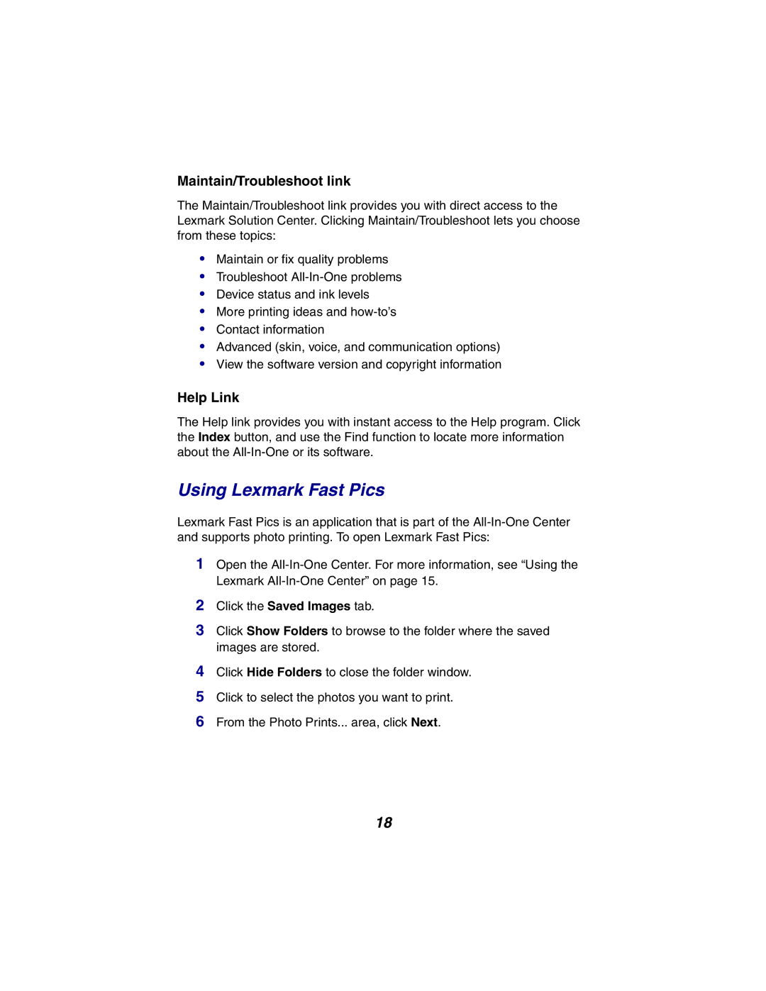 Lexmark X2300 Series manual Using Lexmark Fast Pics, Maintain/Troubleshoot link 