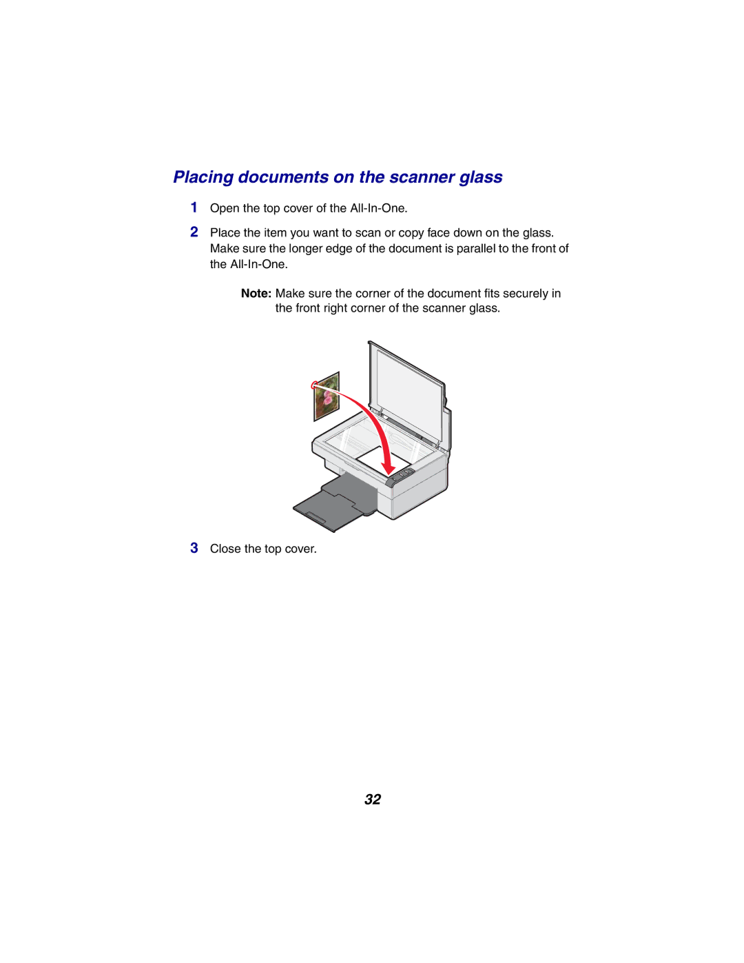 Lexmark X2300 Series manual Placing documents on the scanner glass 