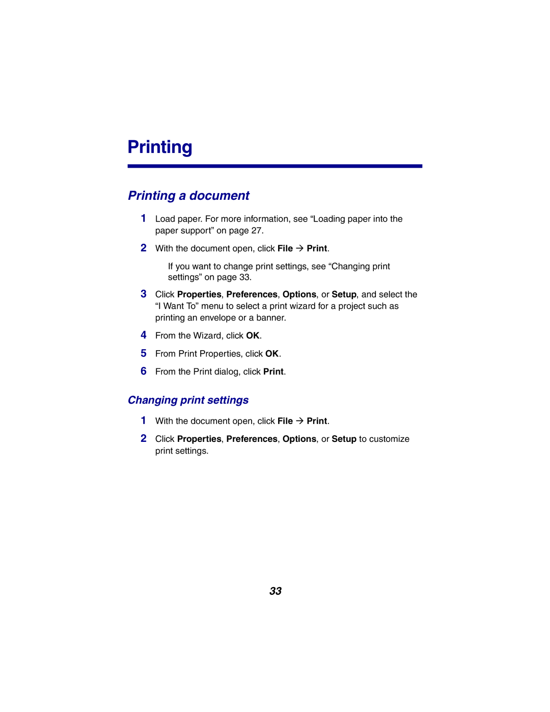 Lexmark X2300 Series manual Printing a document, Changing print settings 