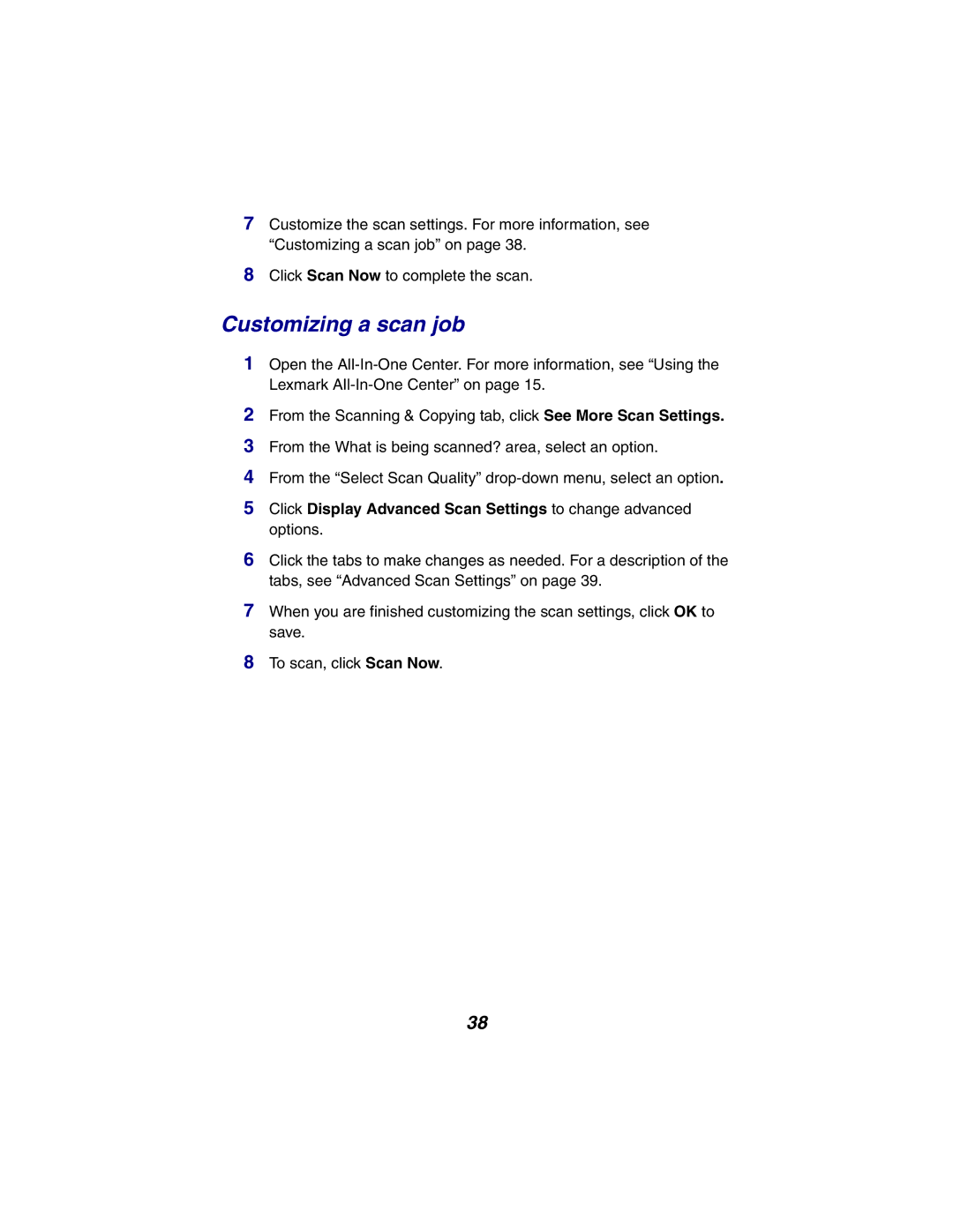 Lexmark X2300 Series manual Customizing a scan job 