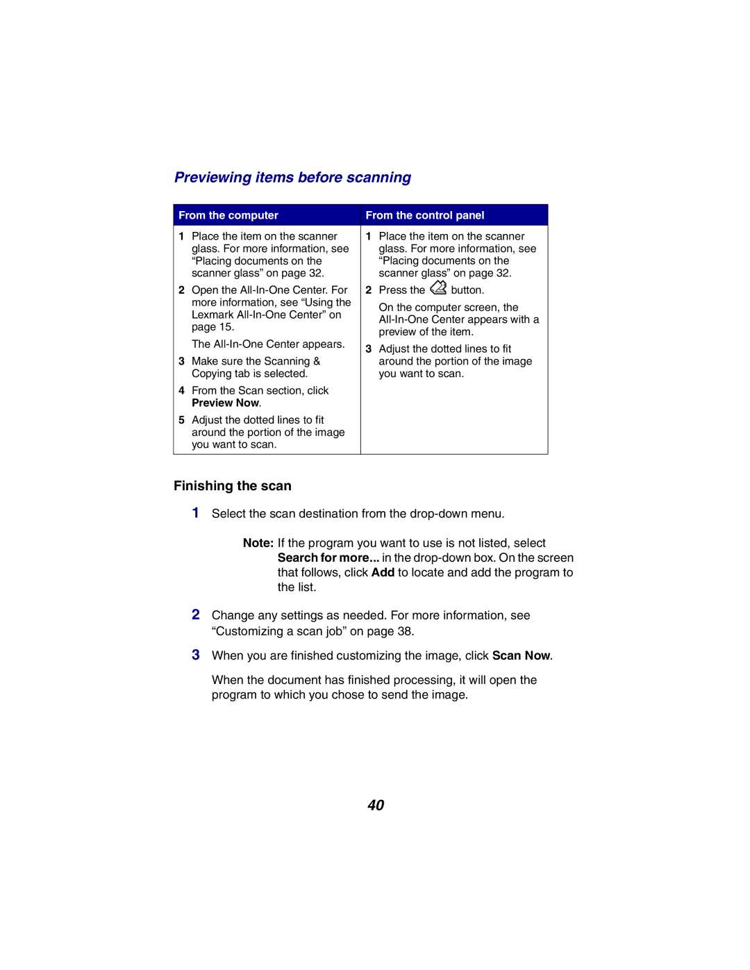 Lexmark X2300 Series manual Previewing items before scanning, From the computer From the control panel 