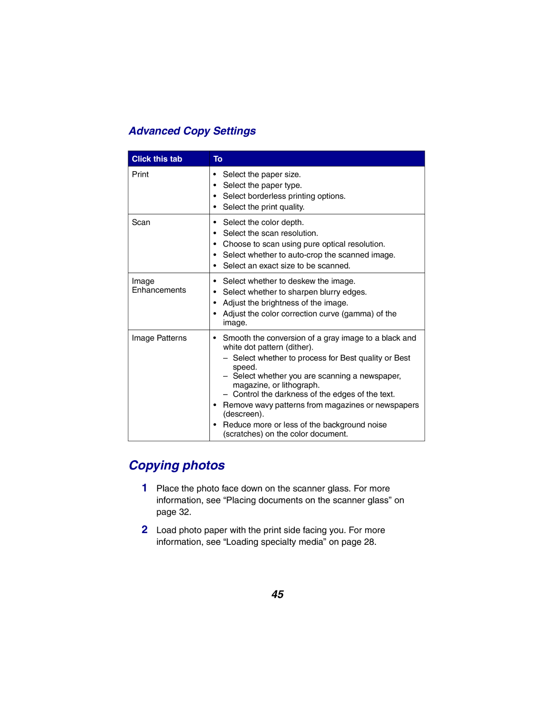 Lexmark X2300 Series manual Copying photos, Advanced Copy Settings 