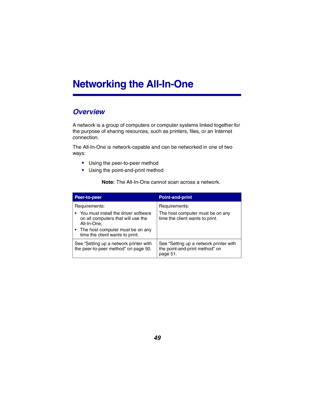 Lexmark X2300 Series manual Networking the All-In-One, Overview, Peer-to-peer Point-and-print 