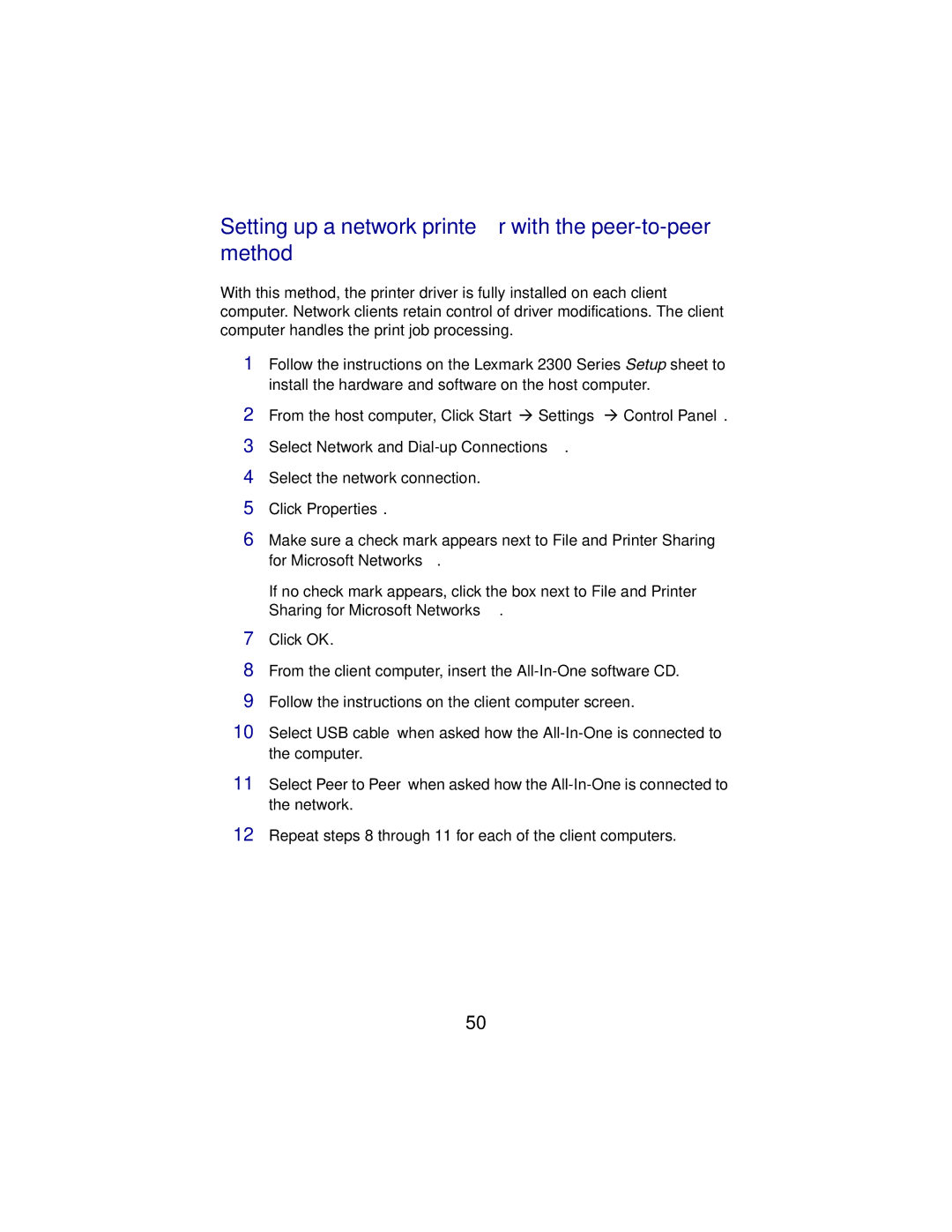 Lexmark X2300 Series manual Setting up a network printer with the peer-to-peer method, Click Properties 