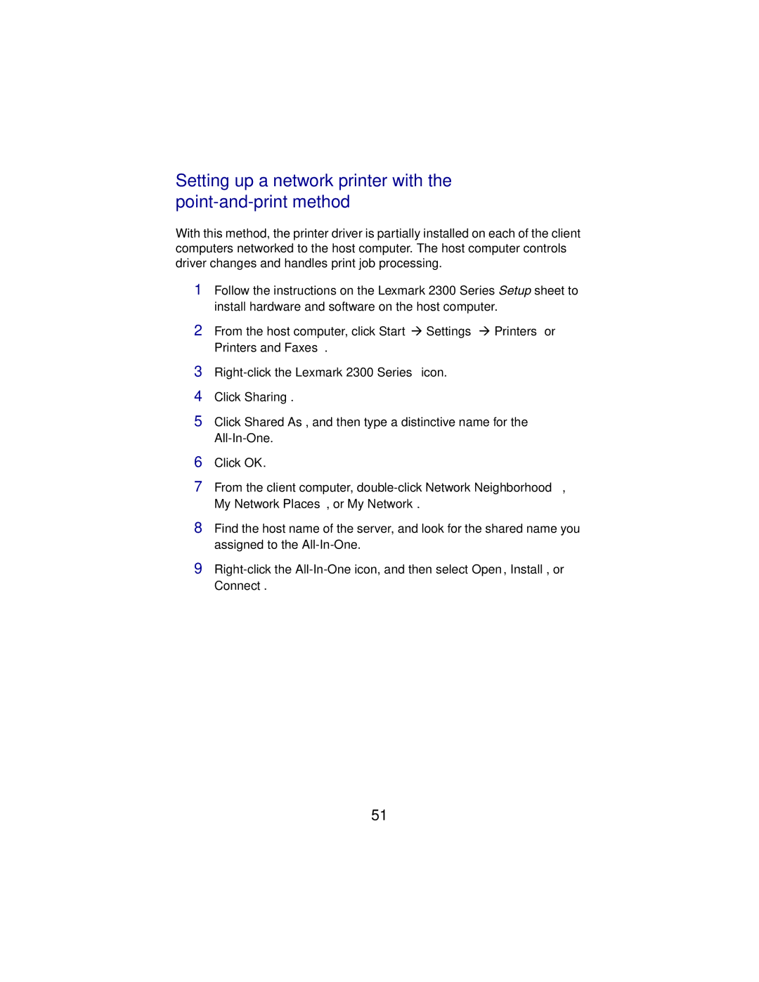 Lexmark X2300 Series manual Setting up a network printer with the point-and-print method 