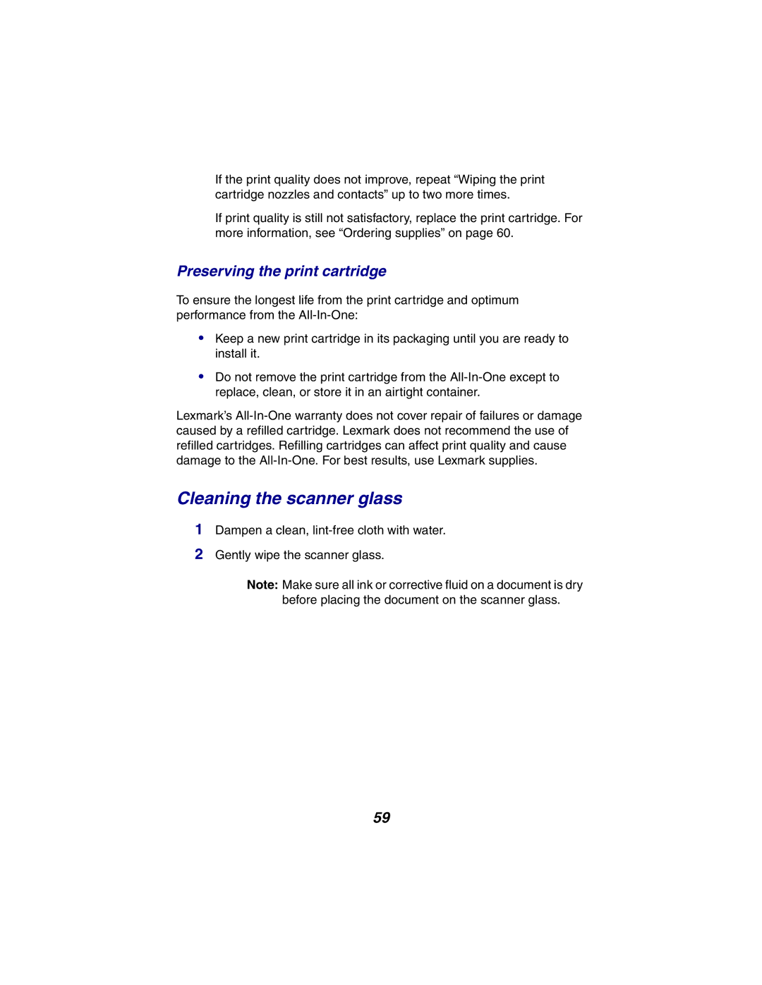 Lexmark X2300 Series manual Cleaning the scanner glass, Preserving the print cartridge 