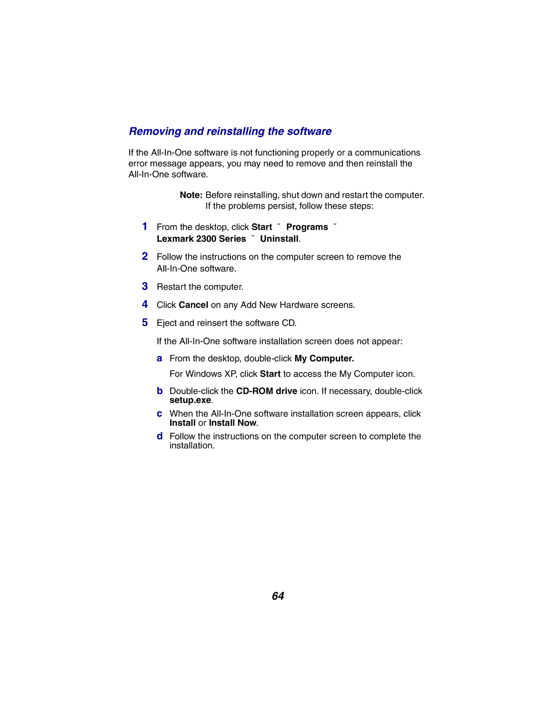 Lexmark X2300 Series manual Removing and reinstalling the software 