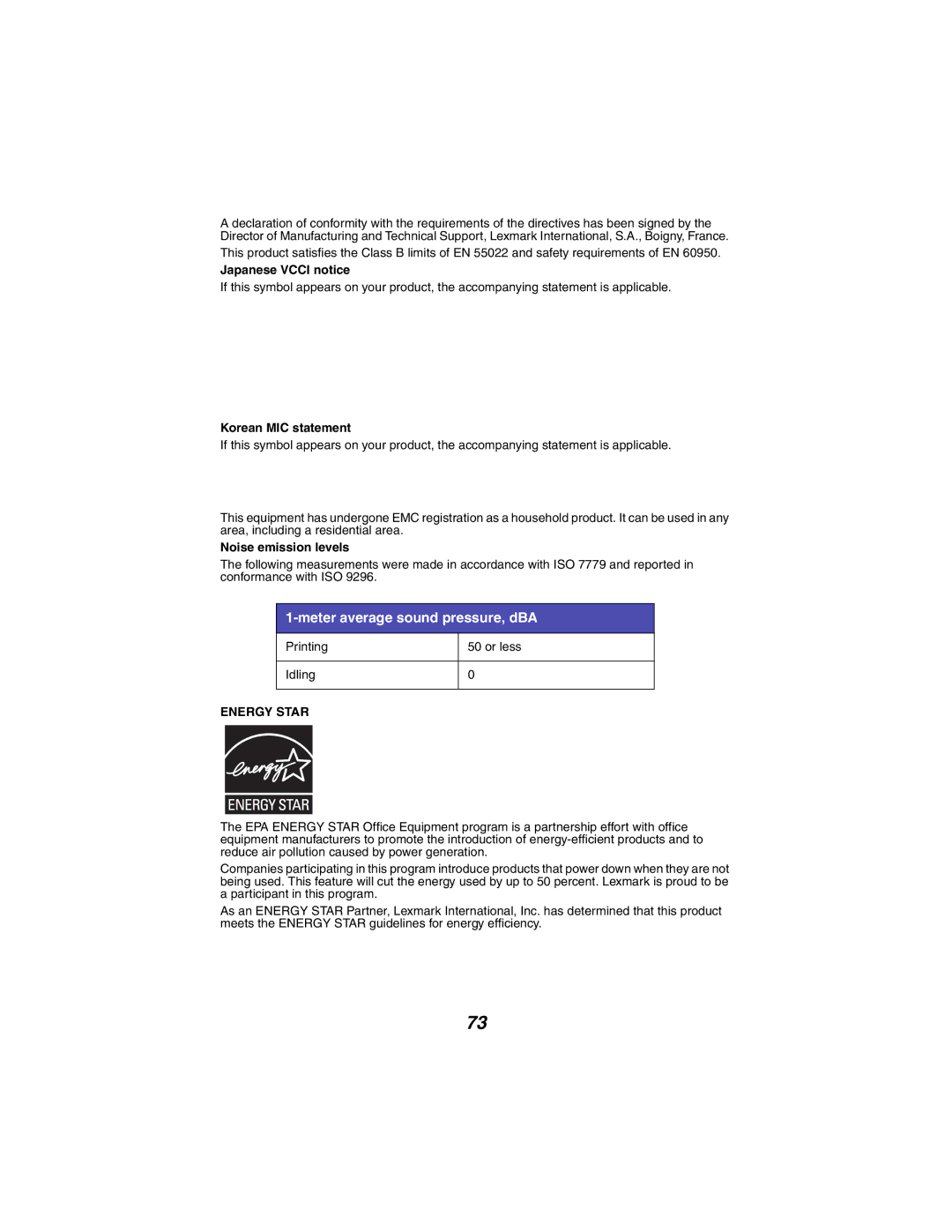 Lexmark X2300 Series manual Meter average sound pressure, dBA, Korean MIC statement 