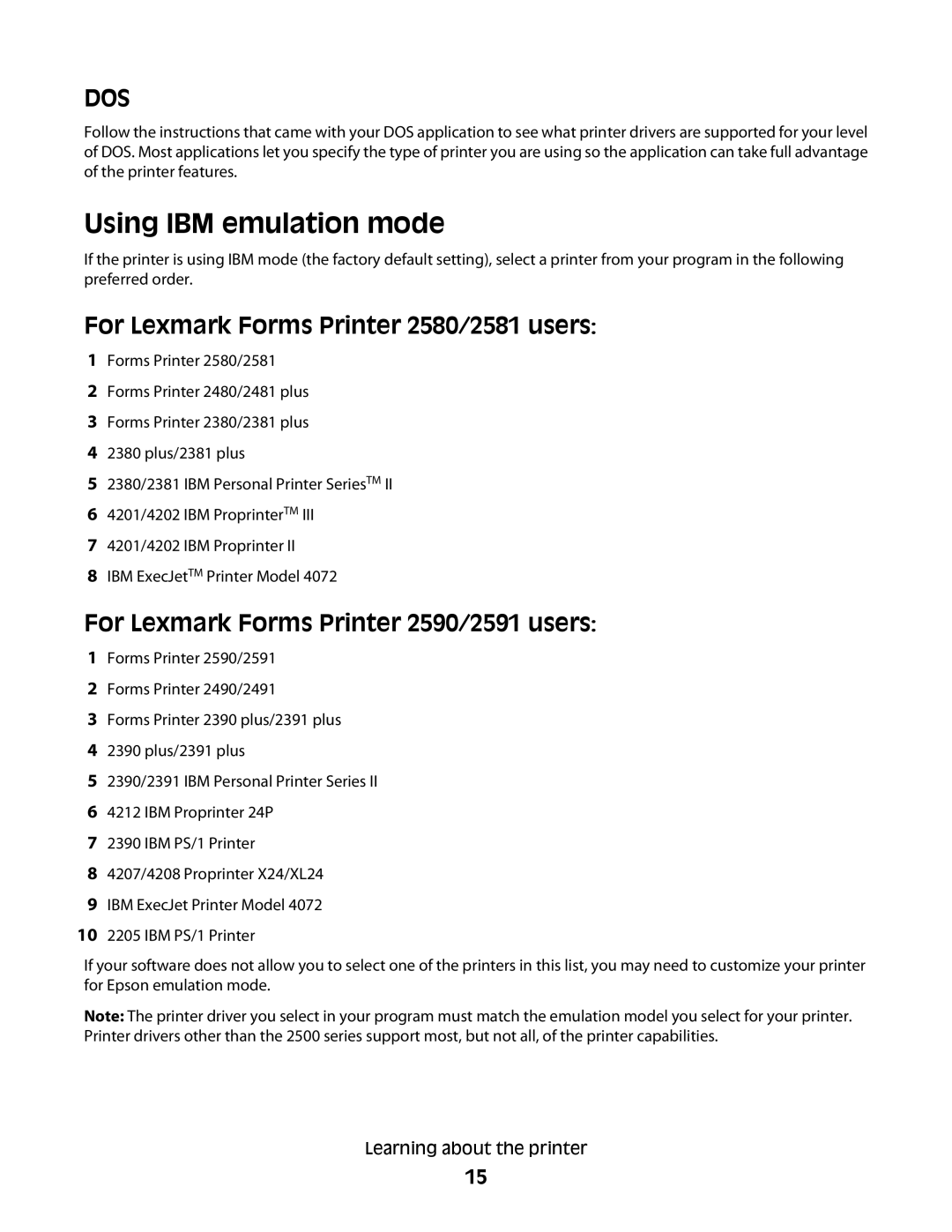 Lexmark X2500 manual Using IBM emulation mode, For Lexmark Forms Printer 2580/2581 users 