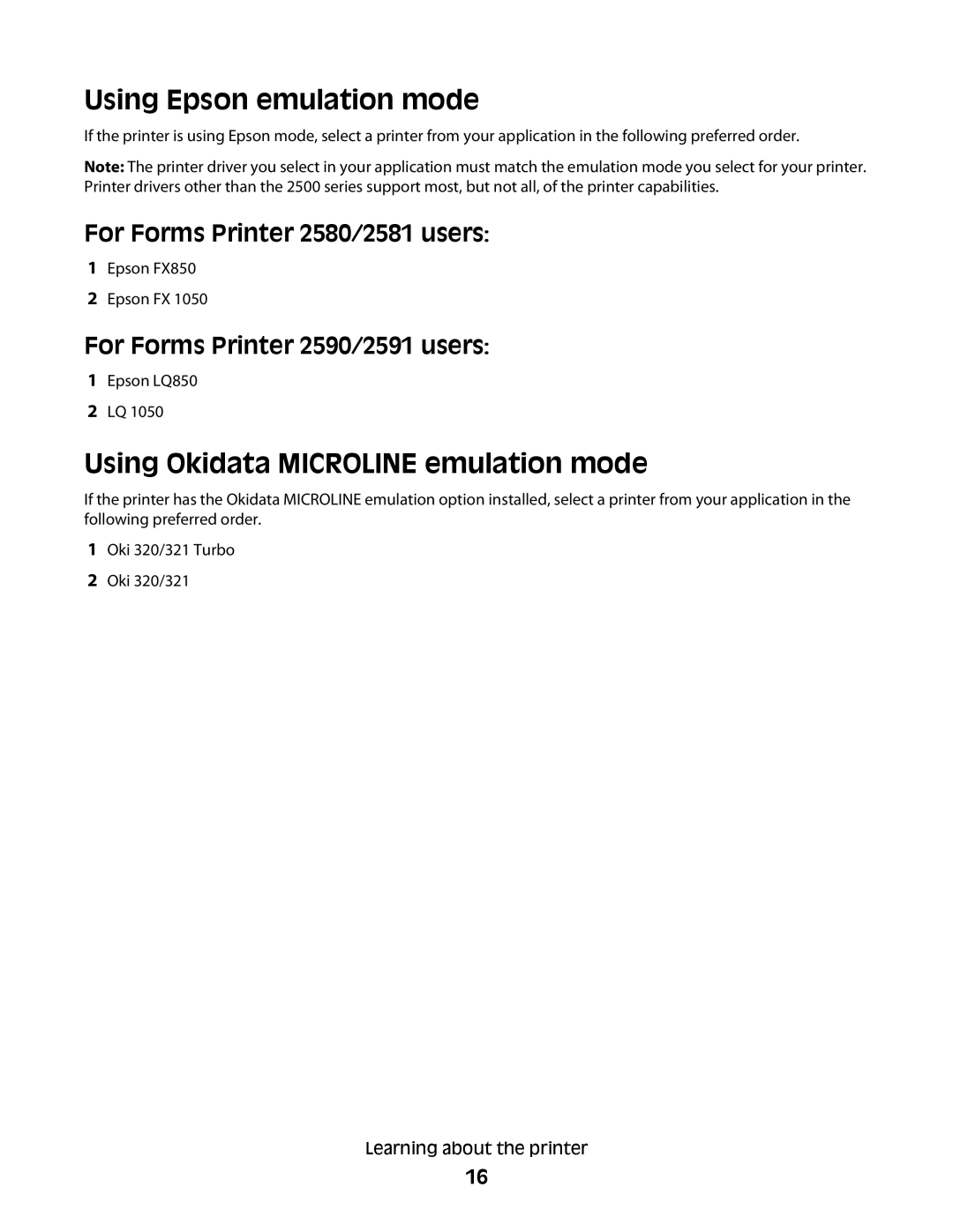 Lexmark X2500 manual Using Epson emulation mode, Using Okidata Microline emulation mode, For Forms Printer 2580/2581 users 