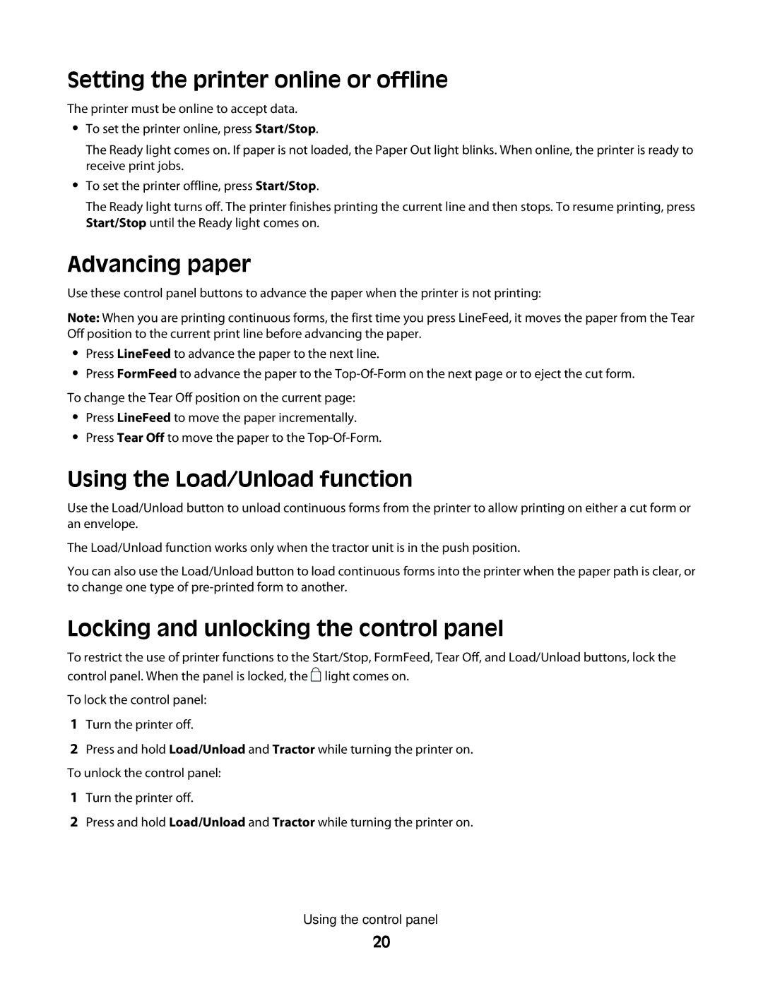 Lexmark X2500 manual Setting the printer online or offline, Advancing paper, Using the Load/Unload function 