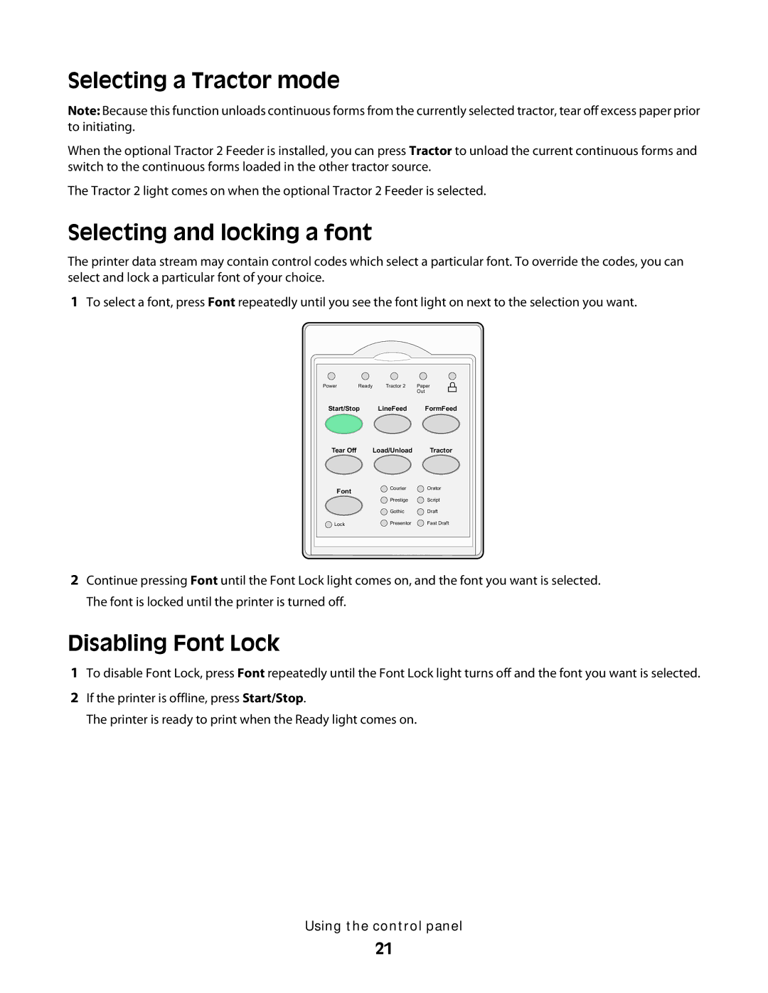 Lexmark X2500 manual Selecting a Tractor mode, Selecting and locking a font, Disabling Font Lock 