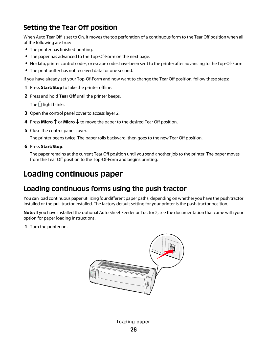 Lexmark X2500 Loading continuous paper, Setting the Tear Off position, Loading continuous forms using the push tractor 