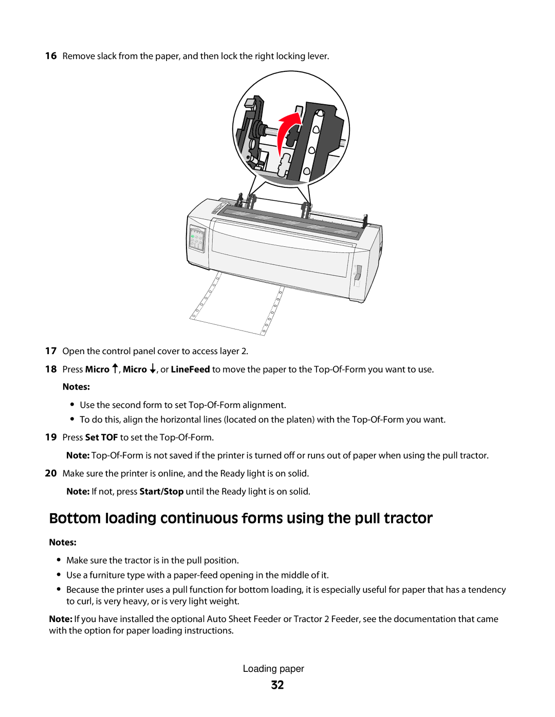 Lexmark X2500 manual Bottom loading continuous forms using the pull tractor 