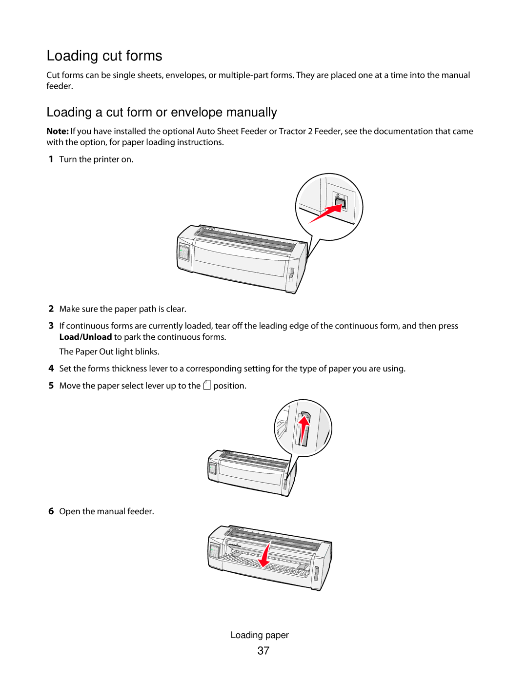 Lexmark X2500 Loading cut forms, Loading a cut form or envelope manually 