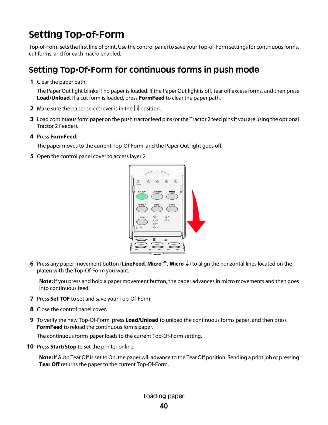 Lexmark X2500 manual Setting Top-of-Form, Setting Top-Of-Form for continuous forms in push mode 