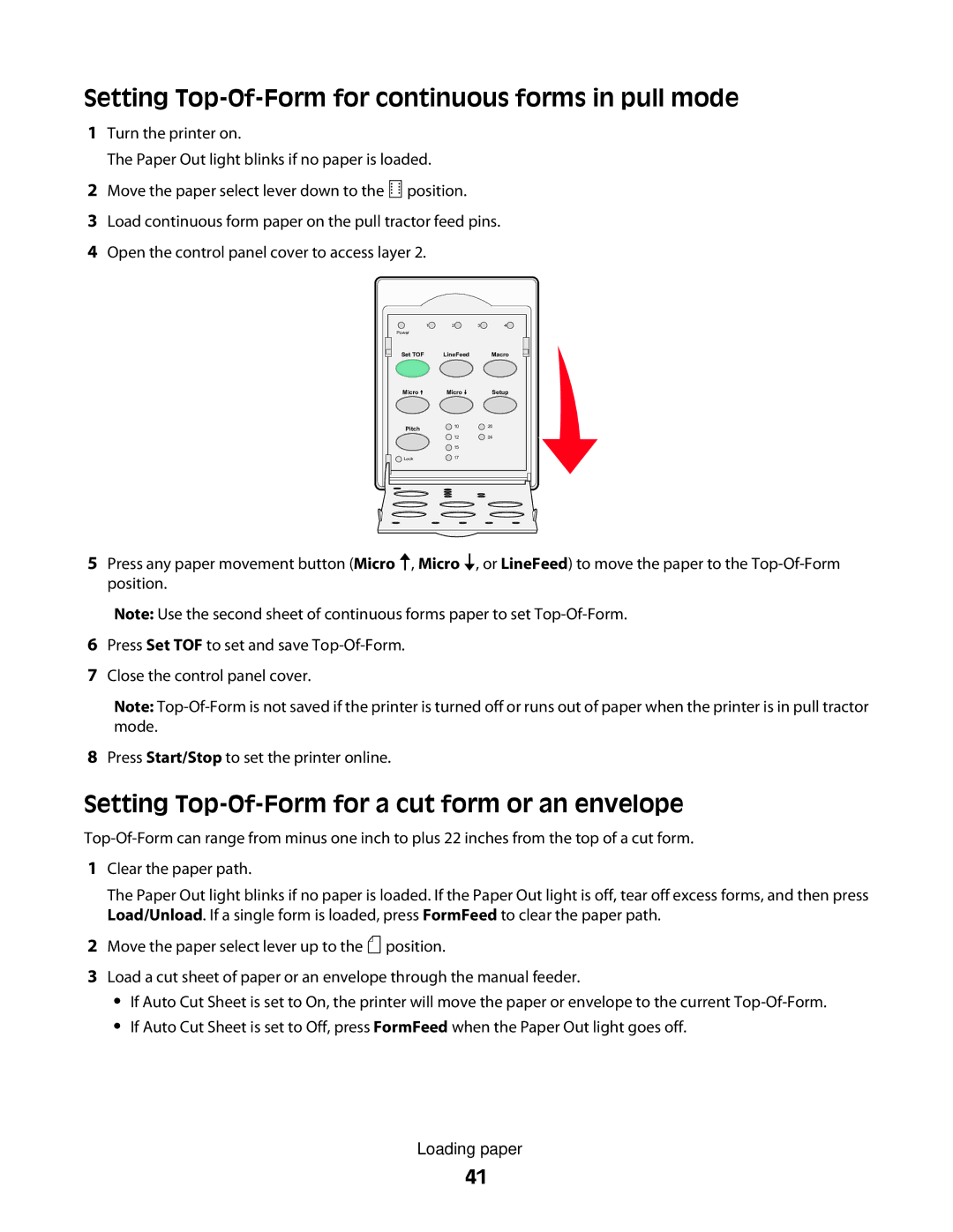 Lexmark X2500 Setting Top-Of-Form for continuous forms in pull mode, Setting Top-Of-Form for a cut form or an envelope 