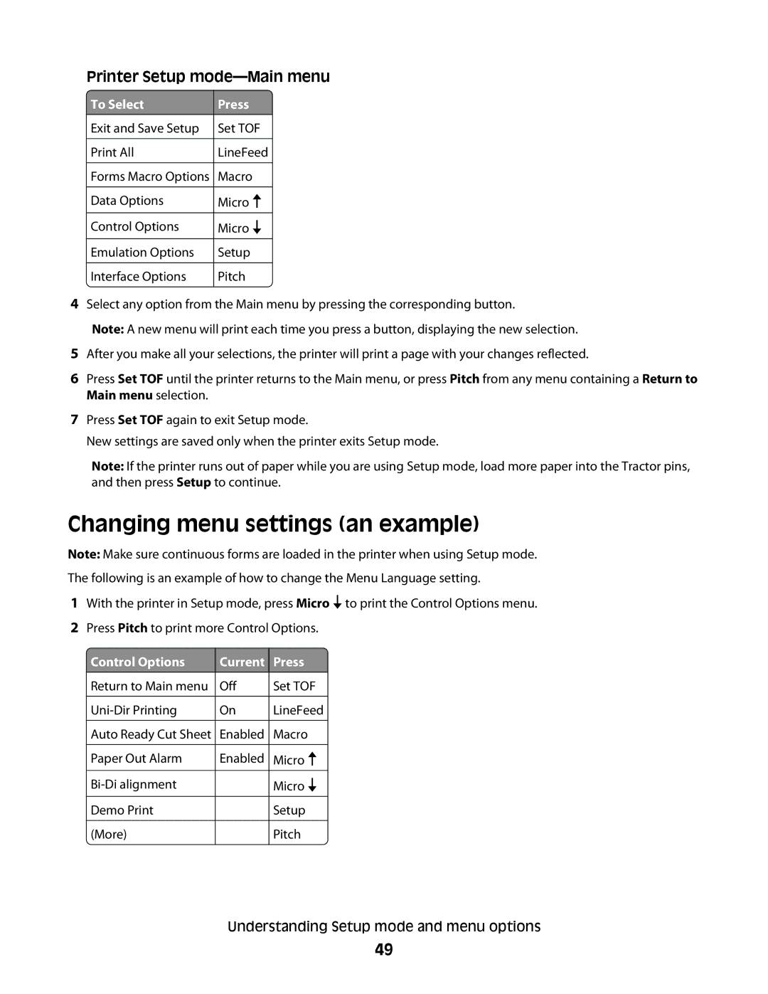 Lexmark X2500 manual Changing menu settings an example, Printer Setup mode-Main menu, To Select Press, Control Options 