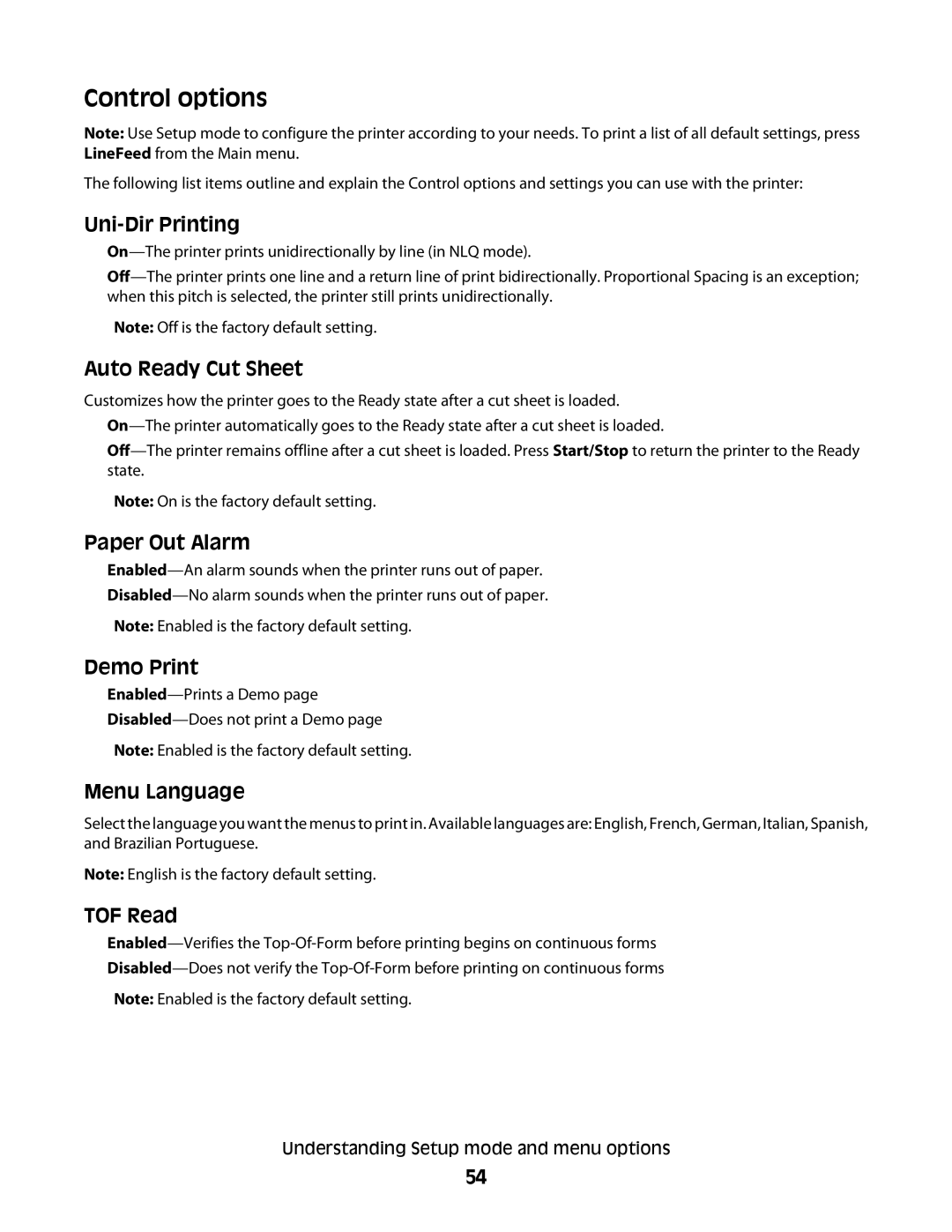 Lexmark X2500 manual Control options, Uni-Dir Printing 