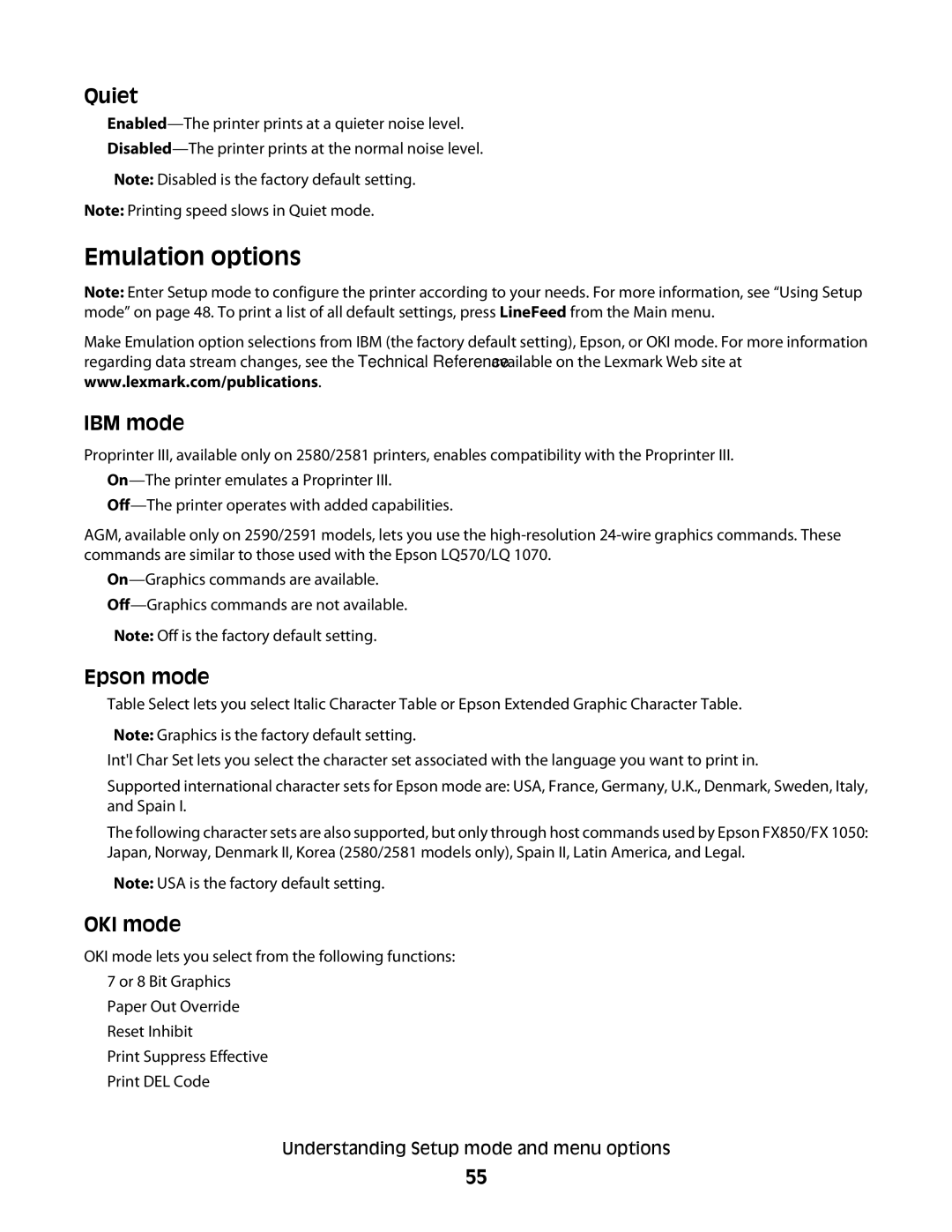 Lexmark X2500 manual Emulation options, Quiet 