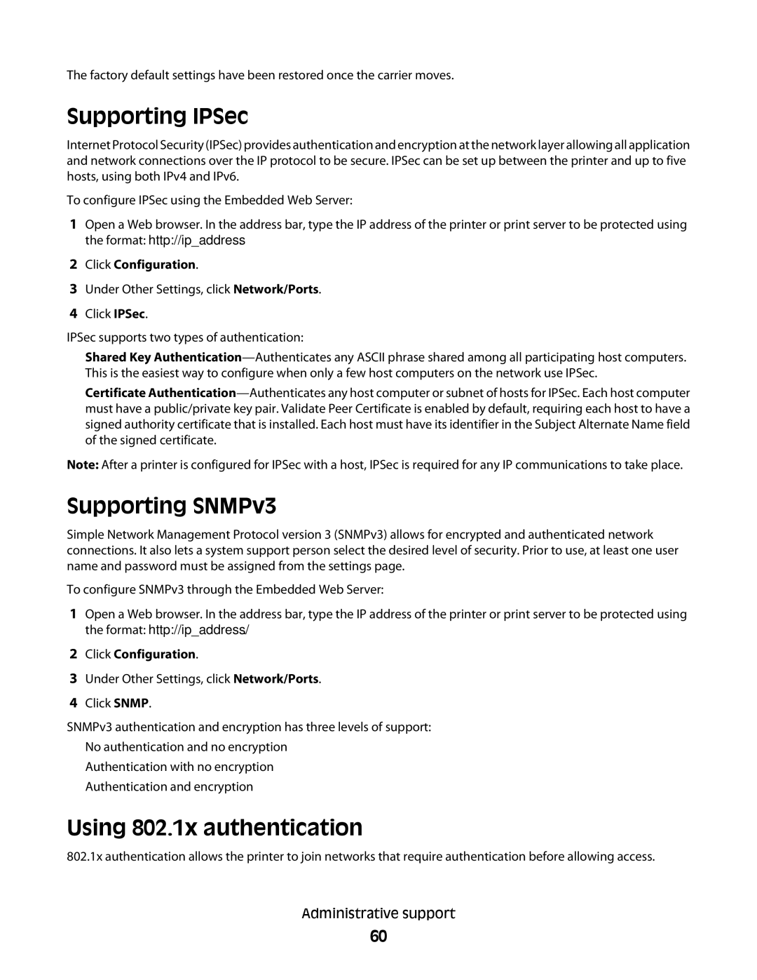 Lexmark X2500 manual Supporting IPSec, Supporting SNMPv3, Using 802.1x authentication 