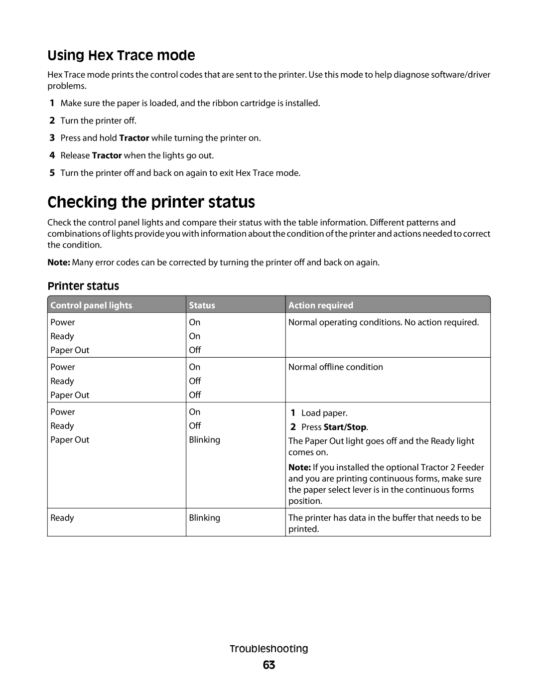 Lexmark X2500 manual Checking the printer status, Using Hex Trace mode, Printer status 