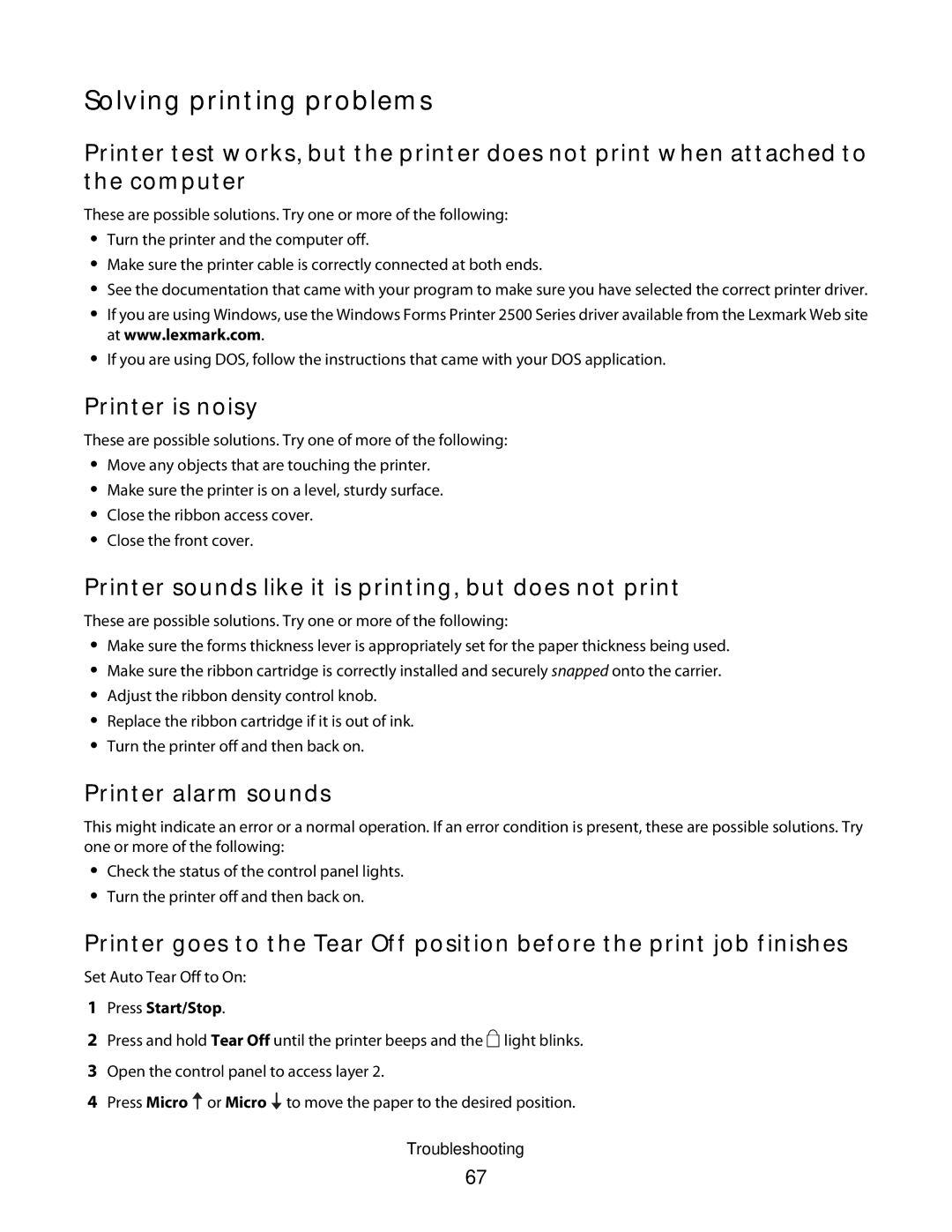 Lexmark X2500 manual Solving printing problems, Printer is noisy, Printer sounds like it is printing, but does not print 