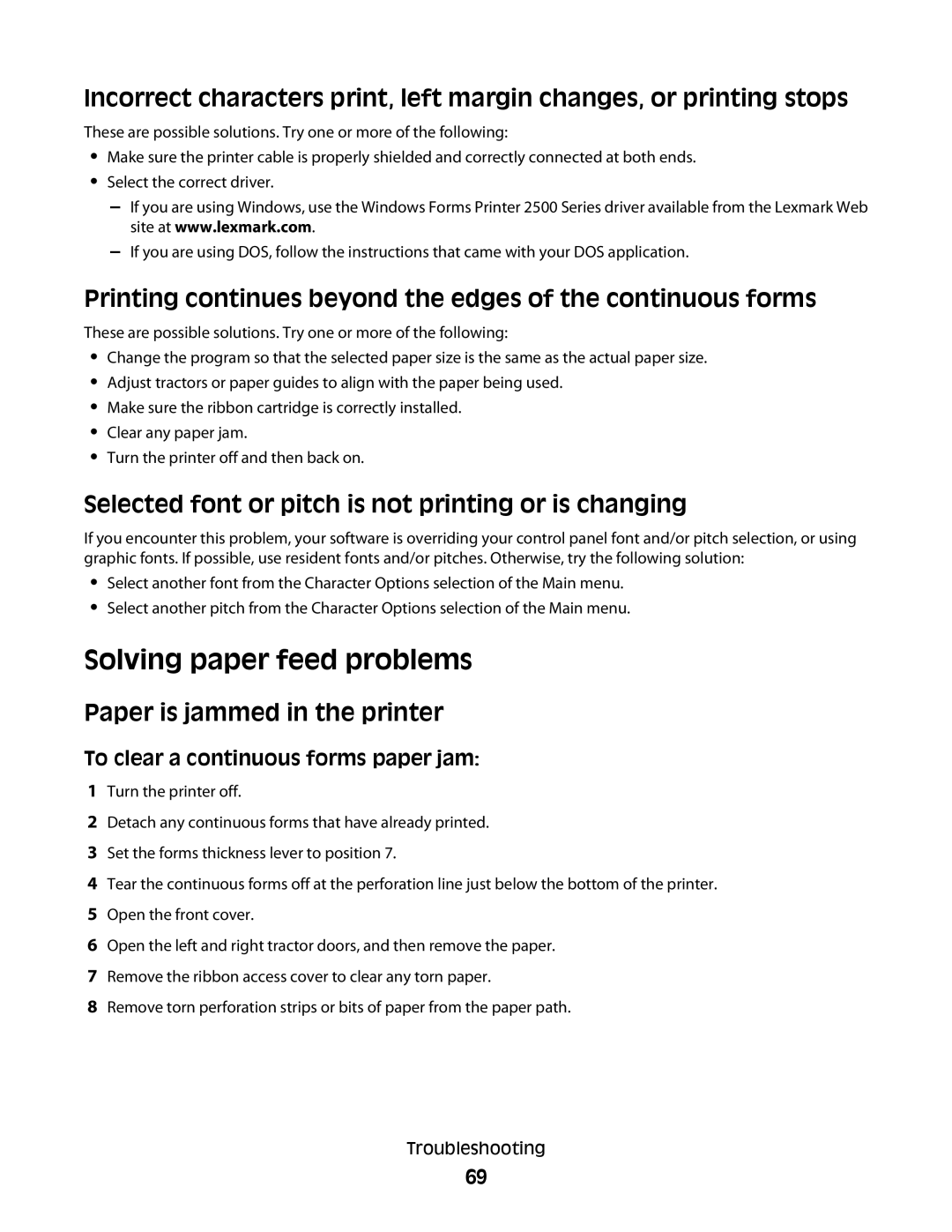 Lexmark X2500 manual Solving paper feed problems, Printing continues beyond the edges of the continuous forms 