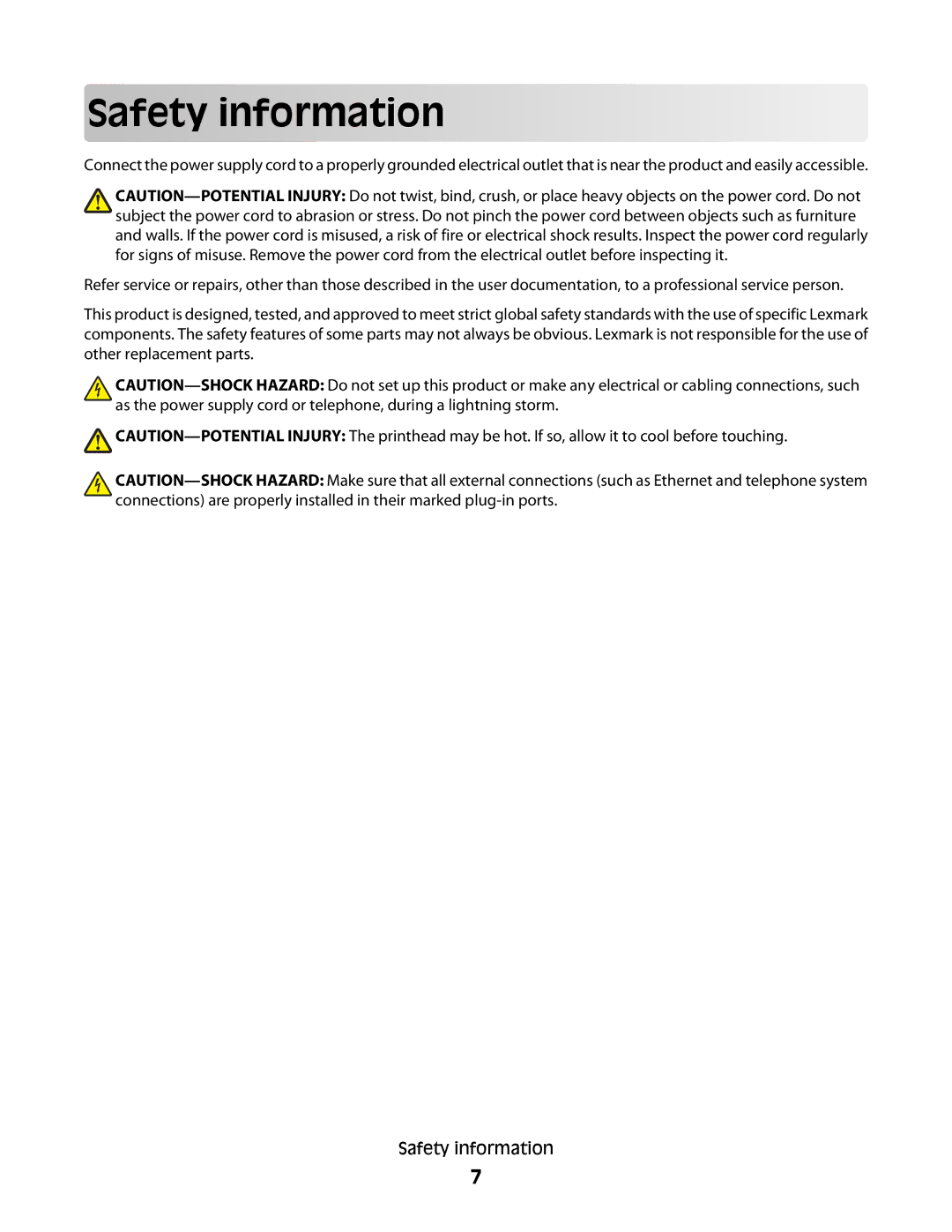 Lexmark X2500 manual Safety info rma tion 