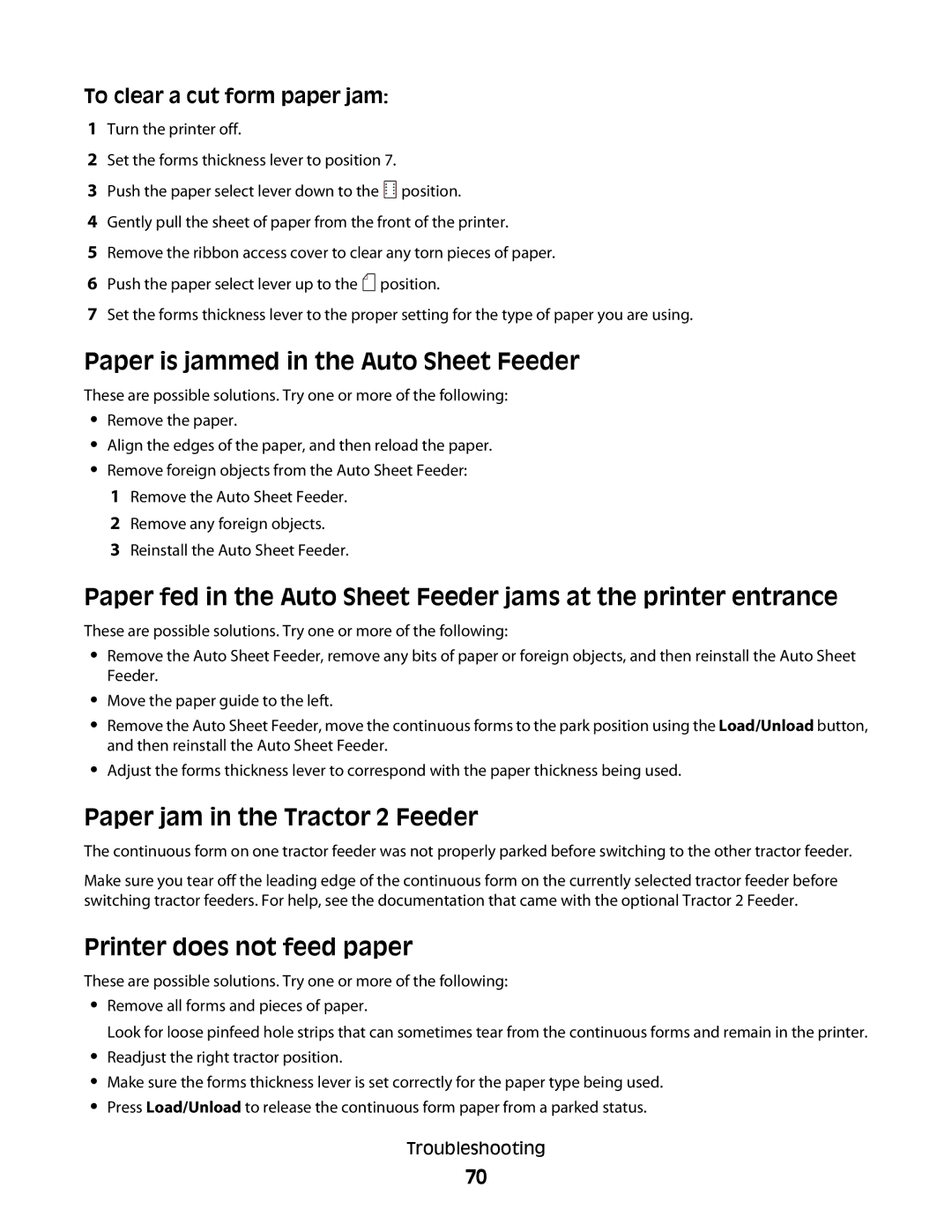 Lexmark X2500 Paper is jammed in the Auto Sheet Feeder, Paper jam in the Tractor 2 Feeder, Printer does not feed paper 